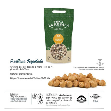Avellana Repelada Tostada sin Sal "La Rosala" Doypack 150g: Disfruta de la exquisitez y la calidad de avellanas tostadas de primera calidad.