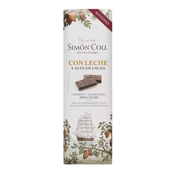 Chocolatina de Chocolates Simón Coll 60% Cacao Con Leche (25g)