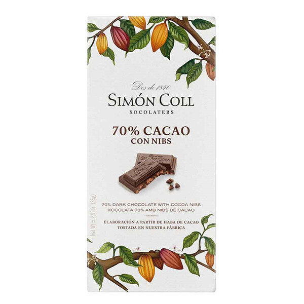 CHOCOLATE 70% CACAO CON NIBS 85g. SIMÓN COLL