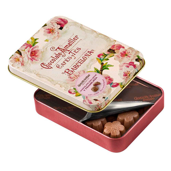 Bombones de Chocolate Flores con Frambuesa de Amatller Lata 72gr.