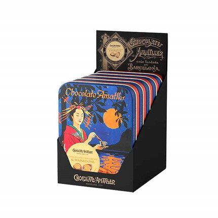 Hojas de Chocolate con Leche y Maracuyá en Lata 60g: Delicioso placer en cada bocado