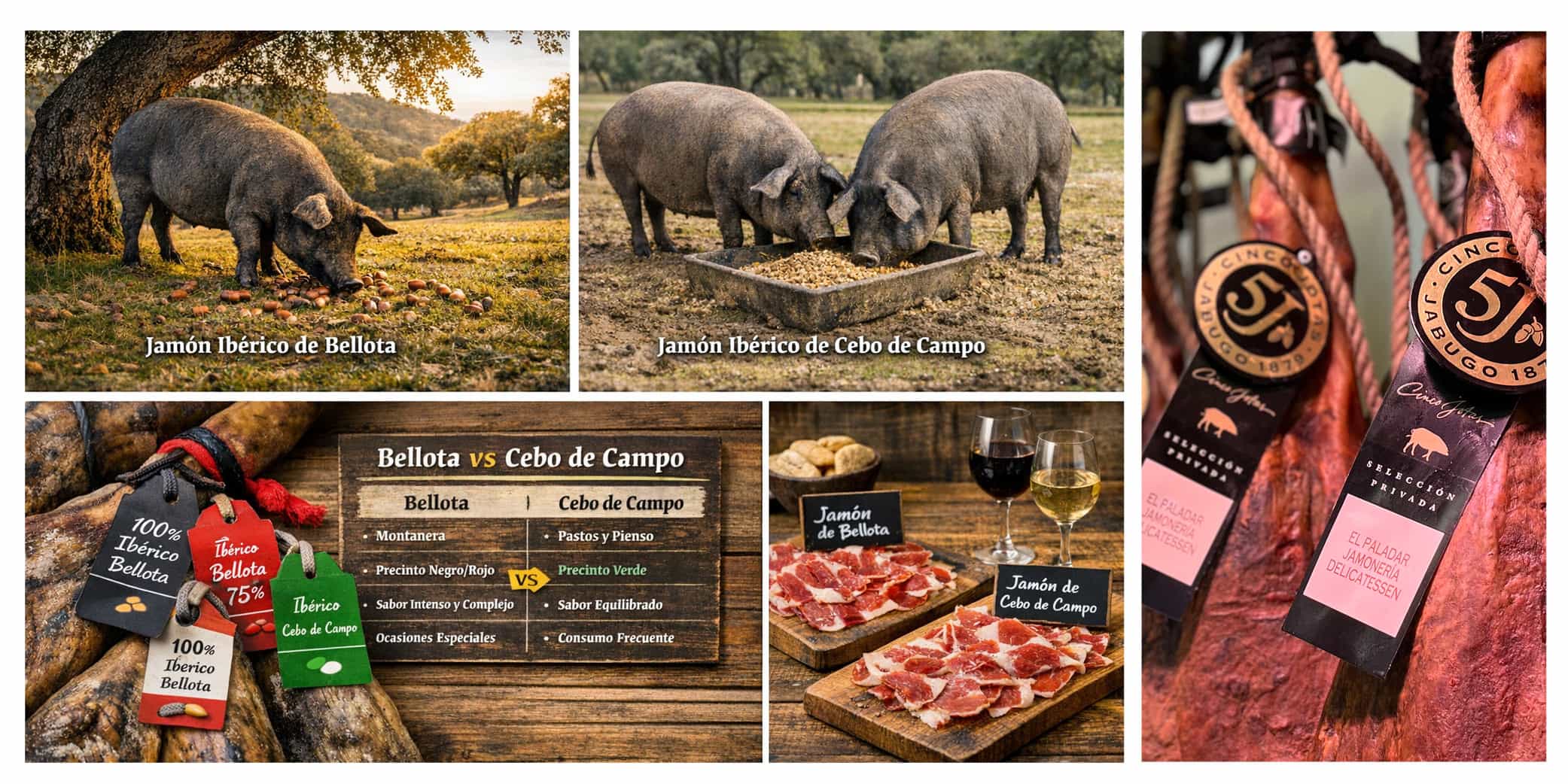 Comparativa visual de jam&oacute;n ib&eacute;rico de bellota y cebo de campo: dehesa, precintos negro/rojo/verde y tabla de diferencias.