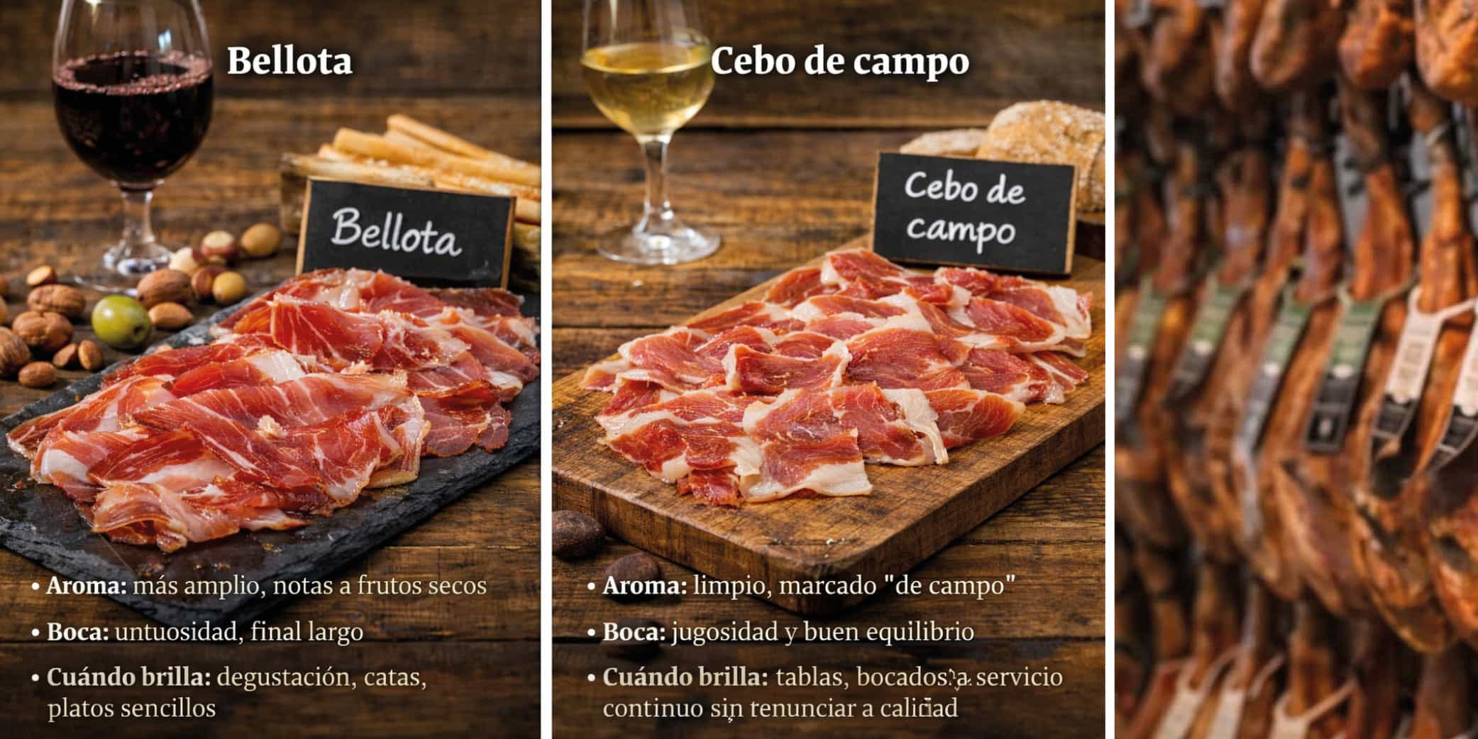 Imagen comparativa en dos columnas: bellota (m&aacute;s untuoso y arom&aacute;tico) frente a cebo de campo (equilibrado y directo), con elementos de maridaje y texto explicativo.
