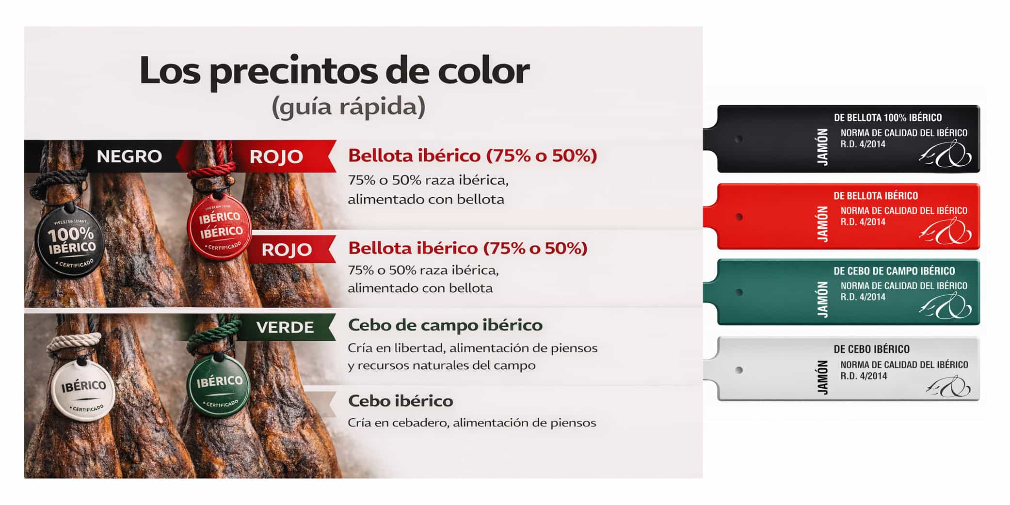 Infograf&iacute;a con los precintos oficiales del jam&oacute;n ib&eacute;rico por color: negro (bellota 100% ib&eacute;rico), rojo (bellota 75% o 50%), verde (cebo de campo) y blanco (cebo ib&eacute;rico). Gu&iacute;a visual para elegir jam&oacute;n en tienda gourmet en Baleares.