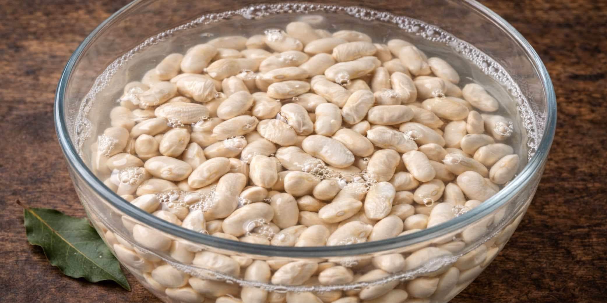 Bol grande de cristal con fabes en remojo en agua clara, con peque&ntilde;as burbujas y una hoja de laurel sobre mesa de madera r&uacute;stica.