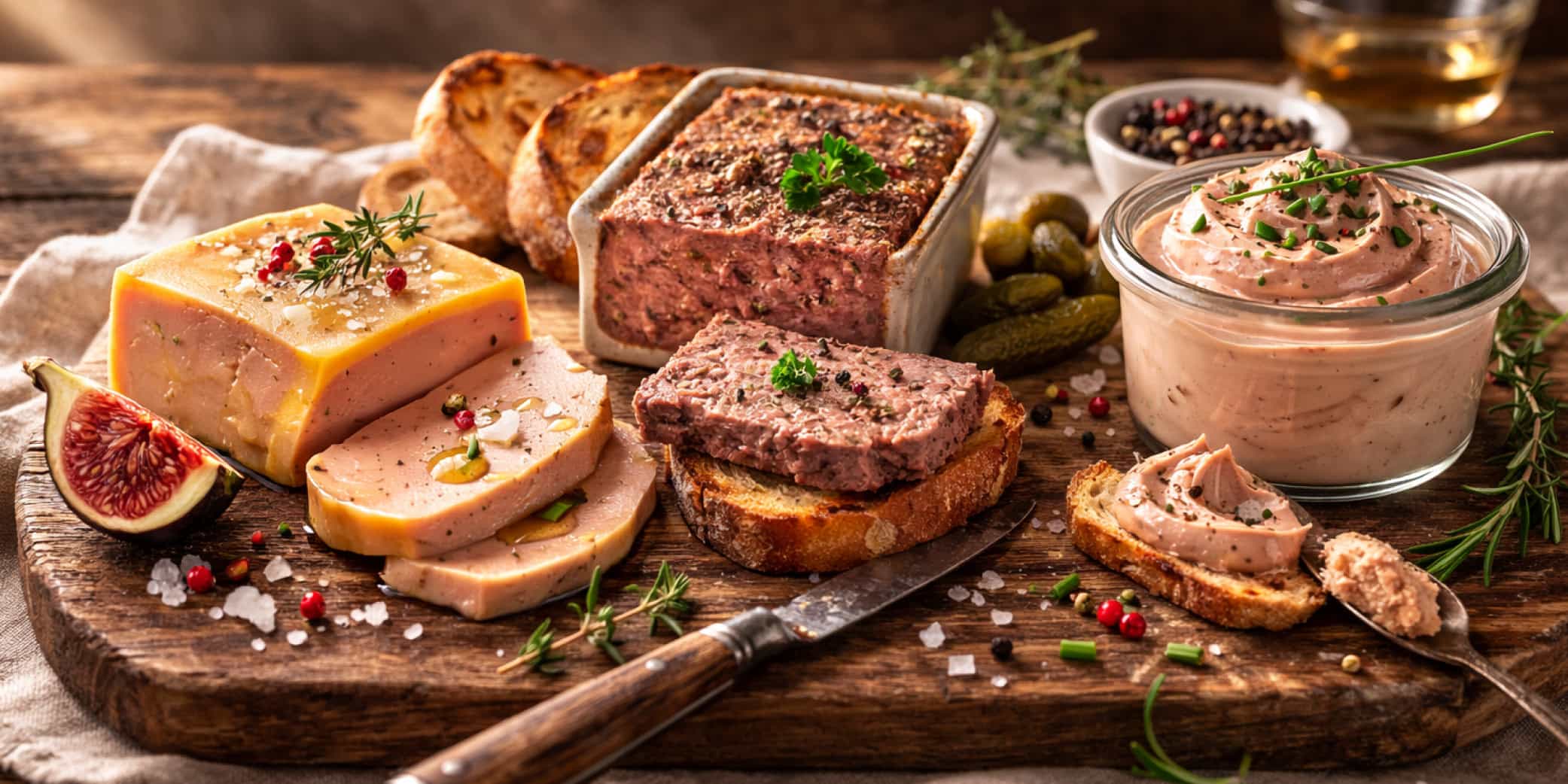 Imagen comparativa de foie gras, p&acirc;t&eacute; y mousse en bodeg&oacute;n gastron&oacute;mico premium sobre mesa de madera r&uacute;stica. Se aprecian las diferencias reales de textura, elaboraci&oacute;n y presentaci&oacute;n entre foie gras entero, p&acirc;t&eacute; tradicional en terrina y mousse cremosa para untar. Ideal para quienes buscan informaci&oacute;n clara sobre qu&eacute; es mejor elegir seg&uacute;n ocasi&oacute;n, sabor y calidad gourmet.