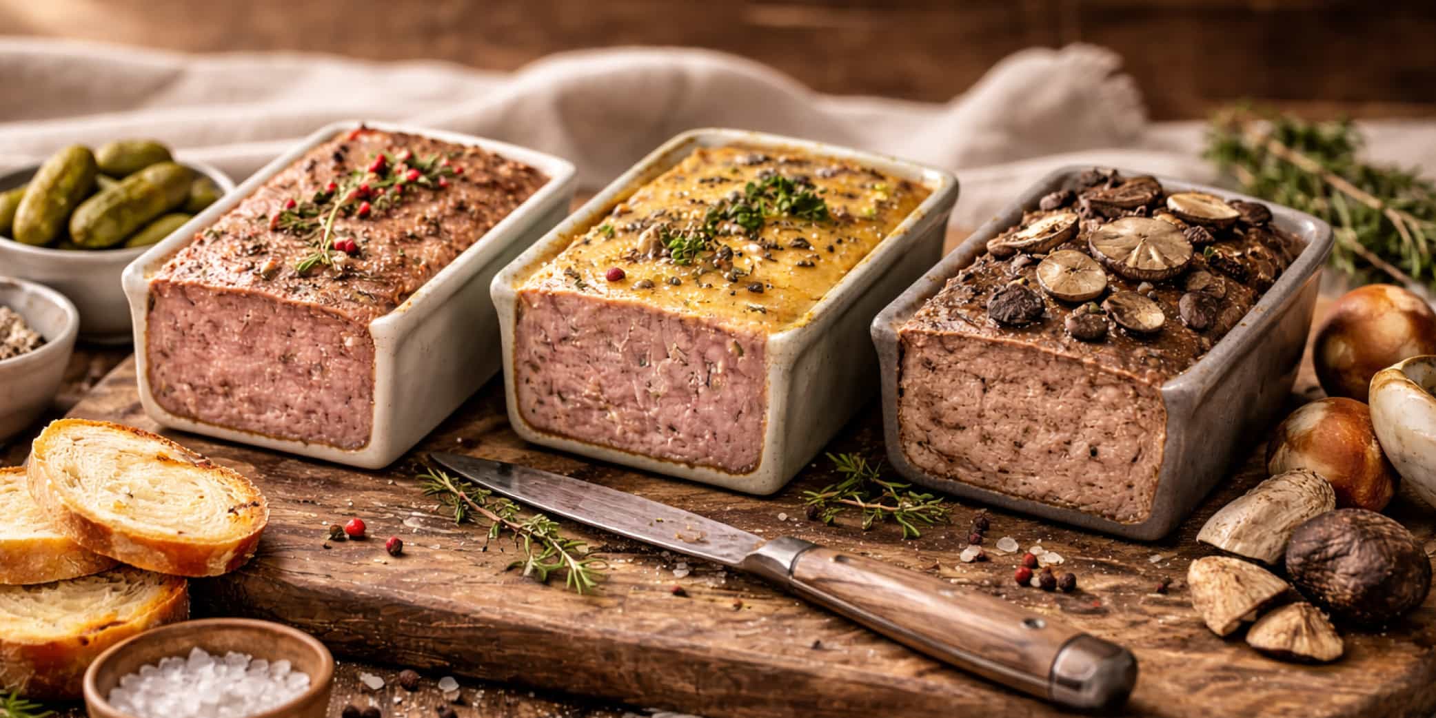Imagen de pat&eacute; de cerdo tradicional, pat&eacute; de pato y pat&eacute; de trufas con boletus presentado en bodeg&oacute;n gastron&oacute;mico premium sobre mesa de madera r&uacute;stica. Se aprecian las diferencias de textura, color y acabado entre el pat&eacute; cl&aacute;sico de cerdo, el pat&eacute; suave de pato y la variedad gourmet con trufa y setas boletus. Ideal para quienes buscan informaci&oacute;n sobre tipos de pat&eacute;, diferencias entre sabores y opciones gourmet para comprar online.