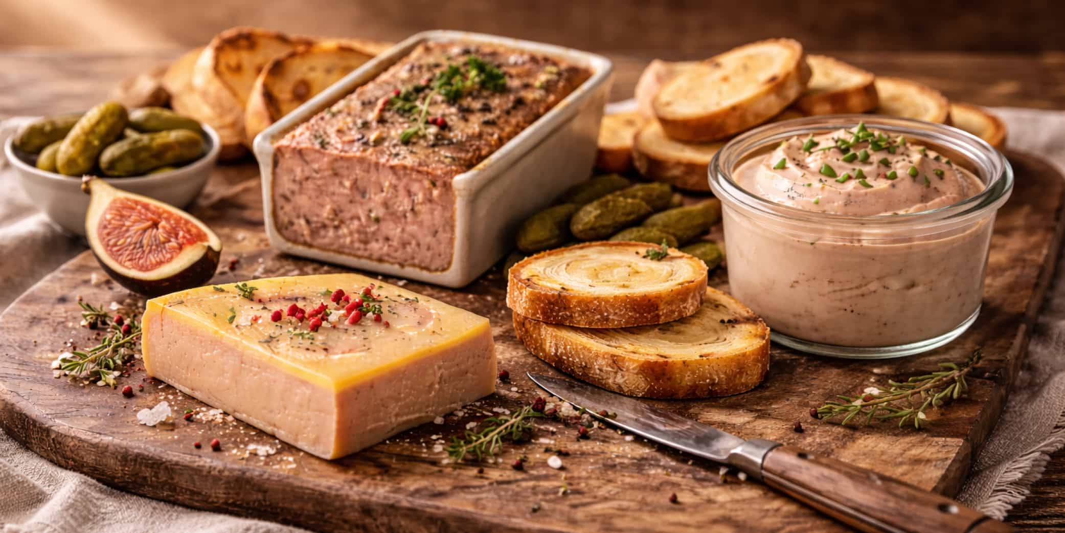 Imagen comparativa de foie gras premium, pat&eacute; gourmet en terrina y mousse suave con tostas presentada en bodeg&oacute;n gastron&oacute;mico elegante. Ideal para quienes dudan qu&eacute; comprar: foie gras para una ocasi&oacute;n especial, pat&eacute; con car&aacute;cter para tostas o mousse suave para acertar con todos en aperitivos y celebraciones.