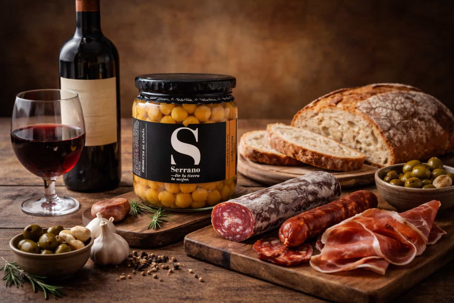 Bodeg&oacute;n gourmet con tarro de garbanzos Serrano, botella y copa de vino tinto, embutidos ib&eacute;ricos, aceitunas y pan artesano sobre mesa r&uacute;stica con luz c&aacute;lida.