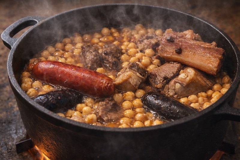 Cocido de garbanzos en olla caliente al fuego