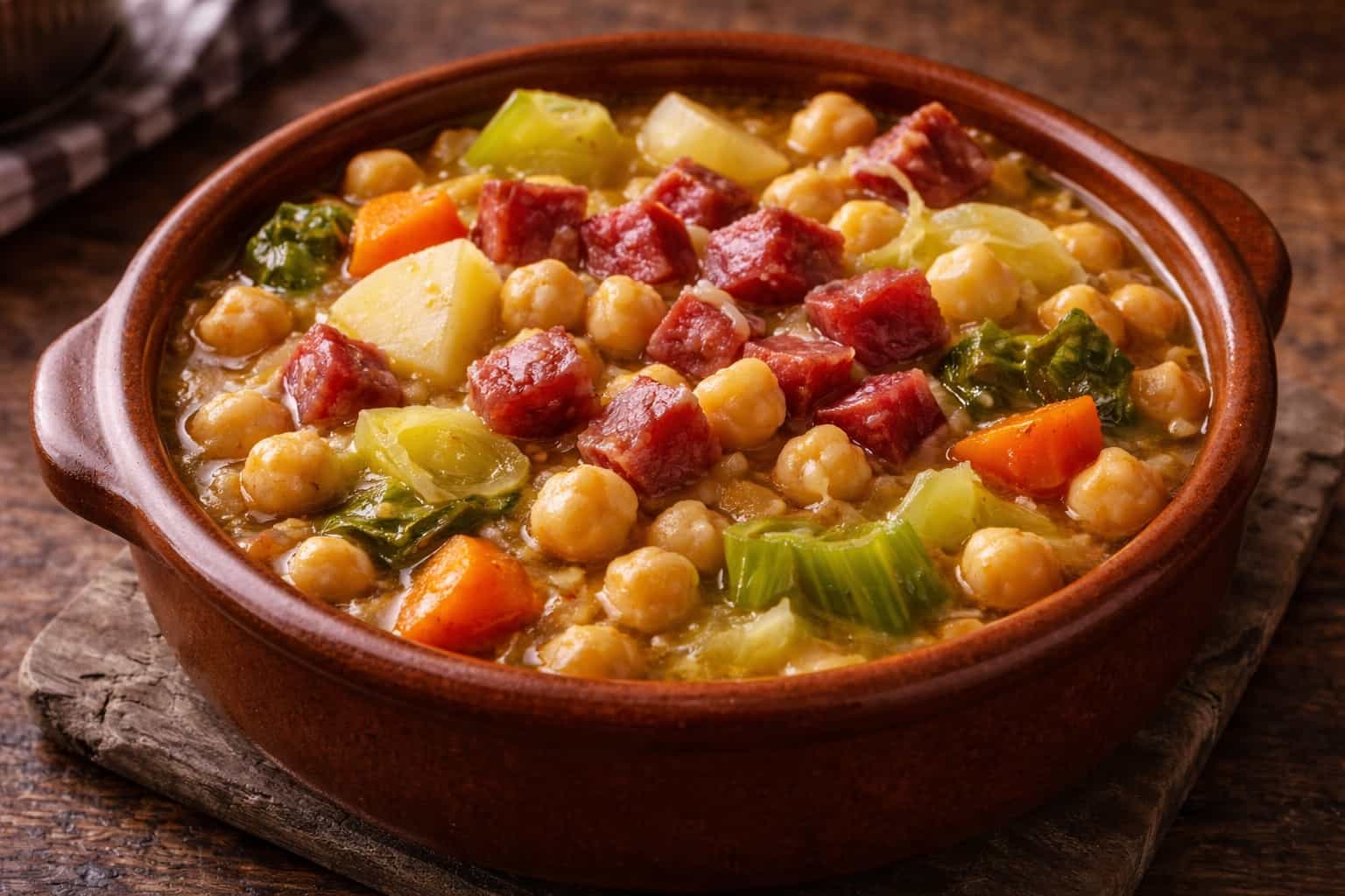 Cazuela peque&ntilde;a de barro con cocido r&aacute;pido de garbanzos, verduras y dados de jam&oacute;n ib&eacute;rico sobre mesa de madera r&uacute;stica.