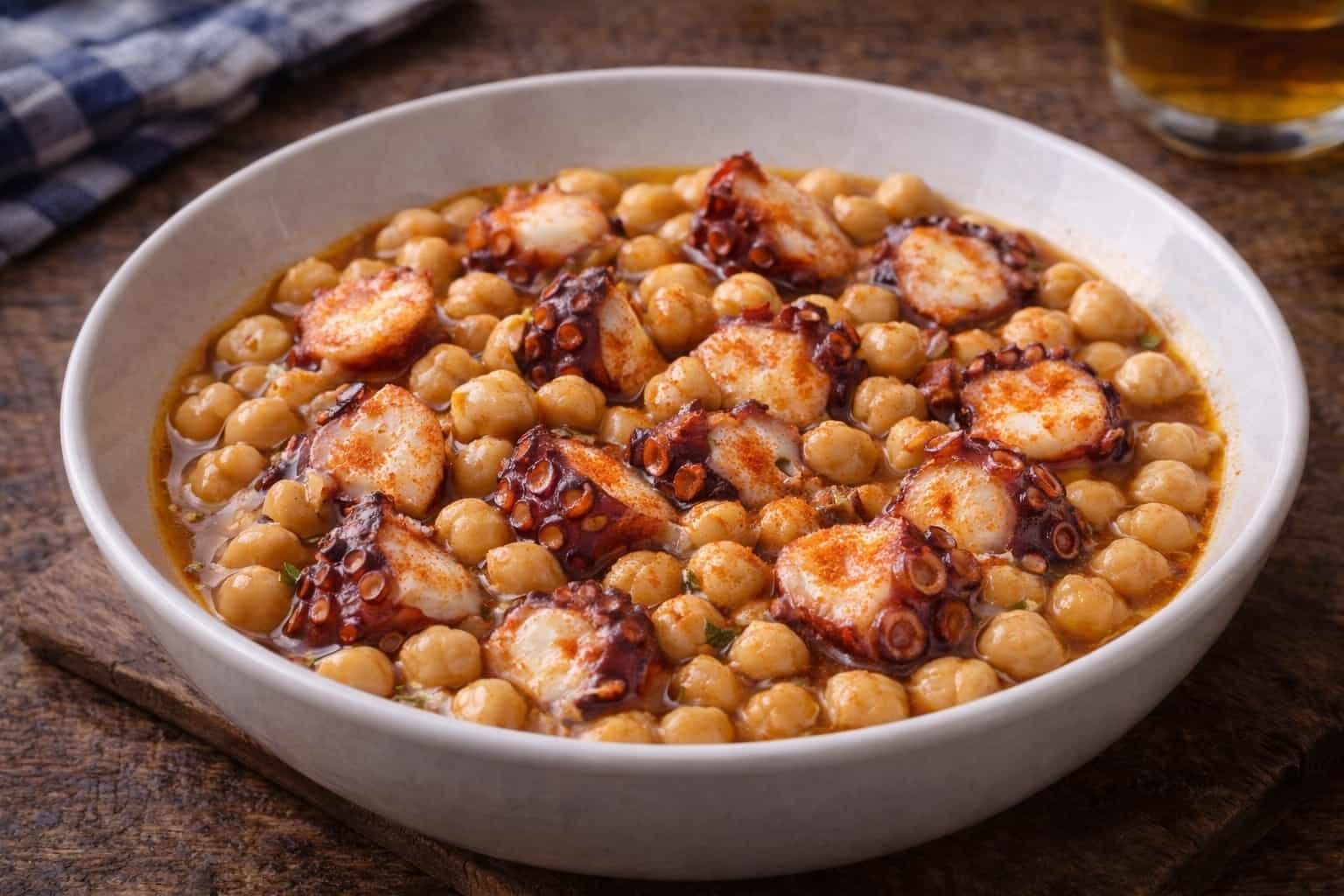 Plato hondo con garbanzos y rodajas de pulpo, espolvoreados con piment&oacute;n sobre caldo dorado, en mesa de madera estilo taberna marinera.