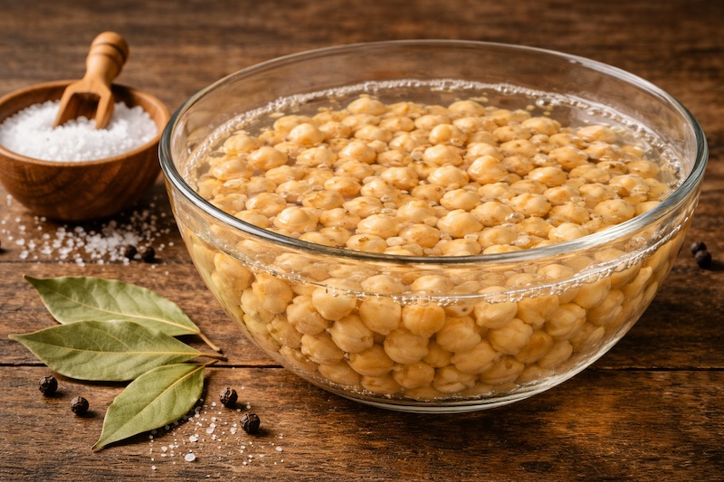 Garbanzos en remojo en un bol con agua