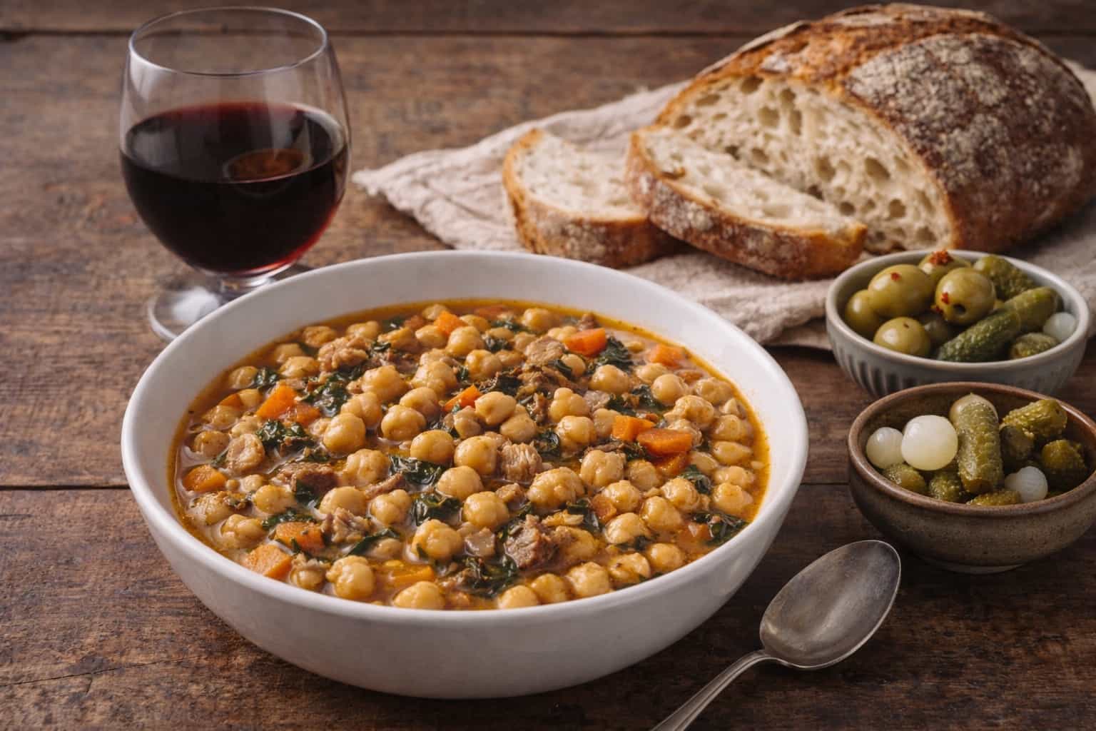 Mesa r&uacute;stica con plato de garbanzos guisados, copa de vino tinto, pan de masa madre y peque&ntilde;os cuencos de encurtidos como aceitunas y pepinillos.