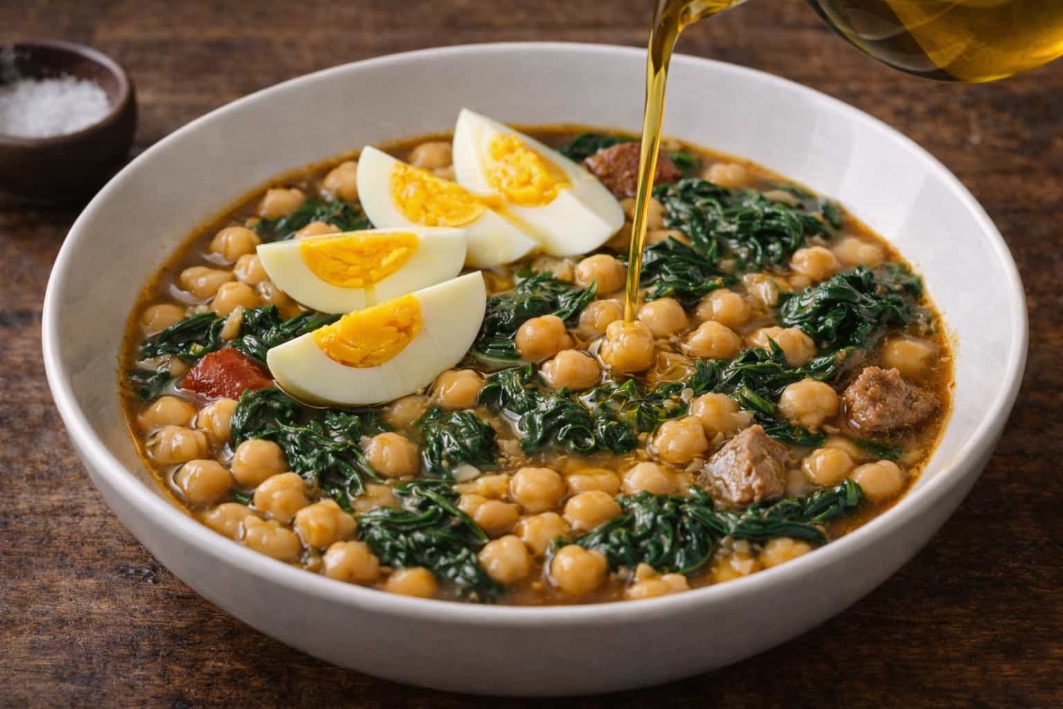Plato hondo de potaje de garbanzos con espinacas, coronado con huevo duro en cuartos y un chorro de aceite de oliva virgen extra sobre mesa de madera.