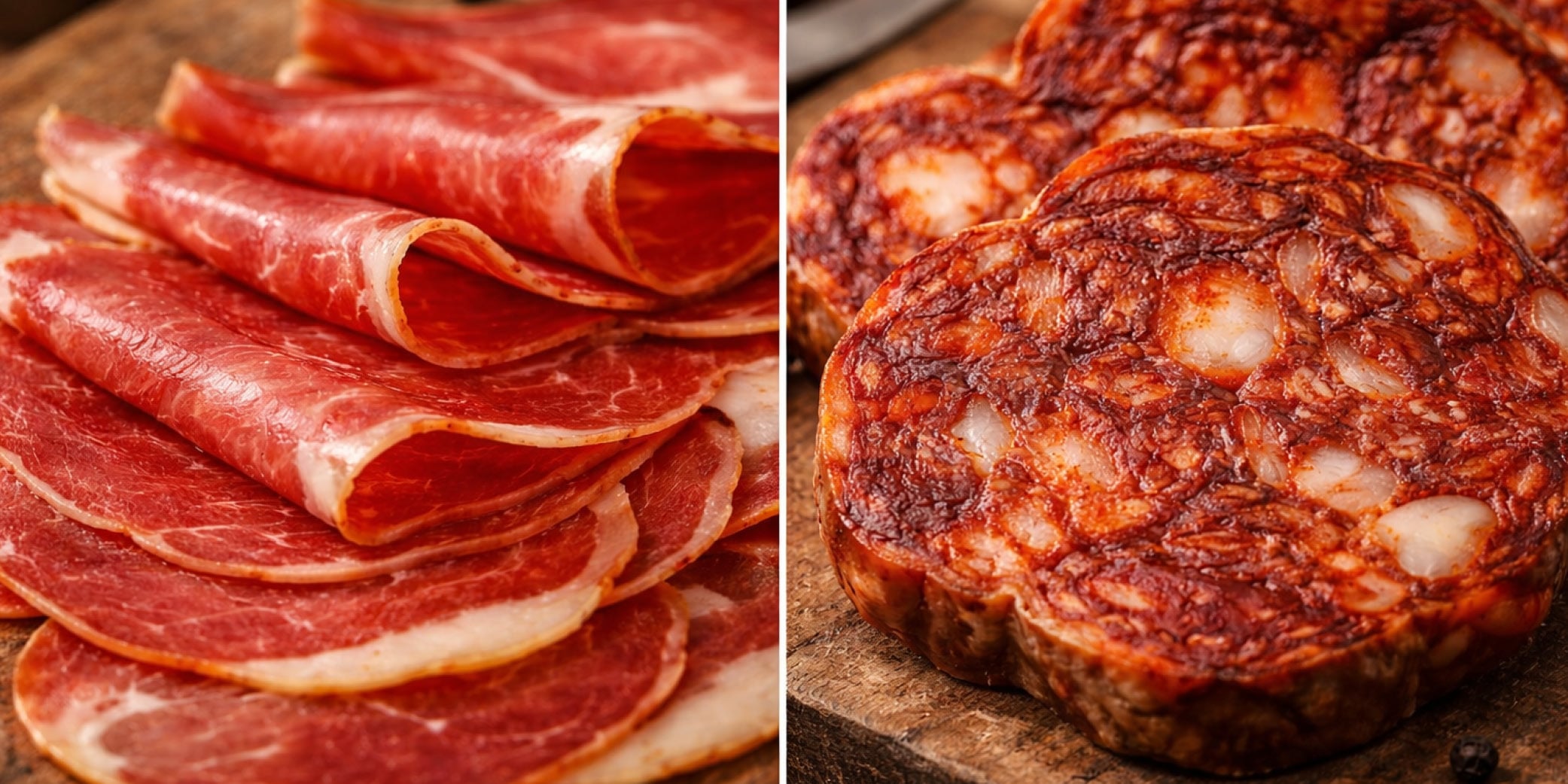 Primer plano comparativo de lonchas de morc&oacute;n ib&eacute;rico y lomo embuchado mostrando la diferencia de textura: lomo fino y homog&eacute;neo frente a morc&oacute;n m&aacute;s grueso e irregular.