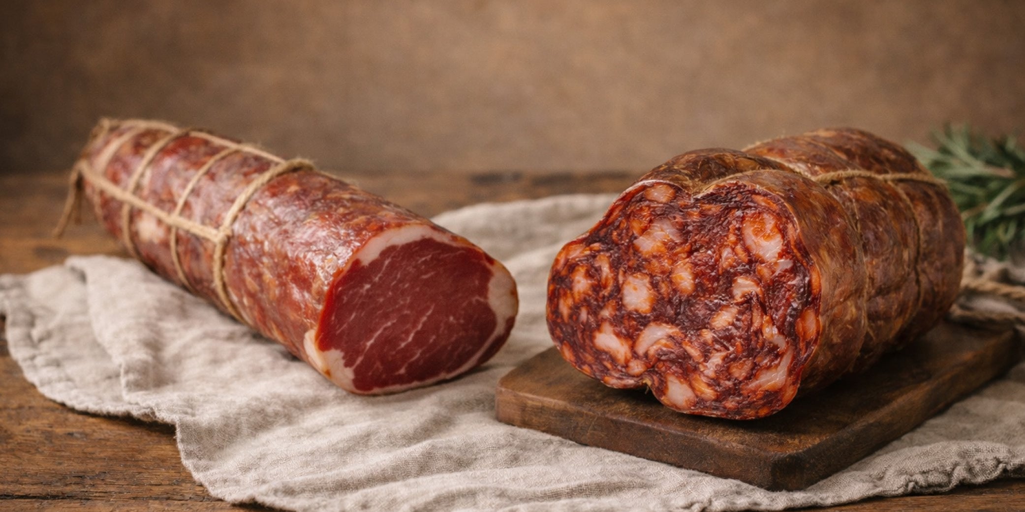 Imagen comparativa de morc&oacute;n ib&eacute;rico y lomo embuchado sobre mesa r&uacute;stica, destacando el morc&oacute;n grueso e irregular embuchado en tripa ancha frente al lomo embuchado uniforme procedente del lomo del cerdo.