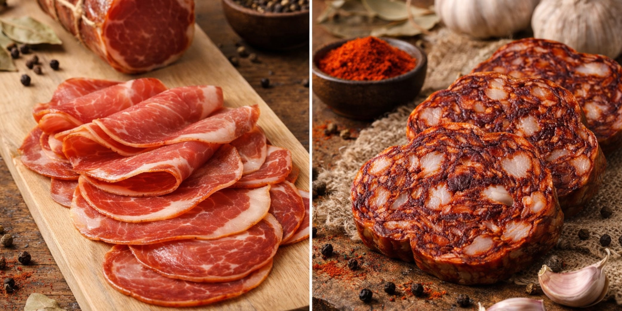 Bodeg&oacute;n comparativo de morc&oacute;n ib&eacute;rico y lomo embuchado con piment&oacute;n, ajo y especias, mostrando el car&aacute;cter m&aacute;s intenso y r&uacute;stico del morc&oacute;n frente al estilo m&aacute;s limpio y refinado del lomo.