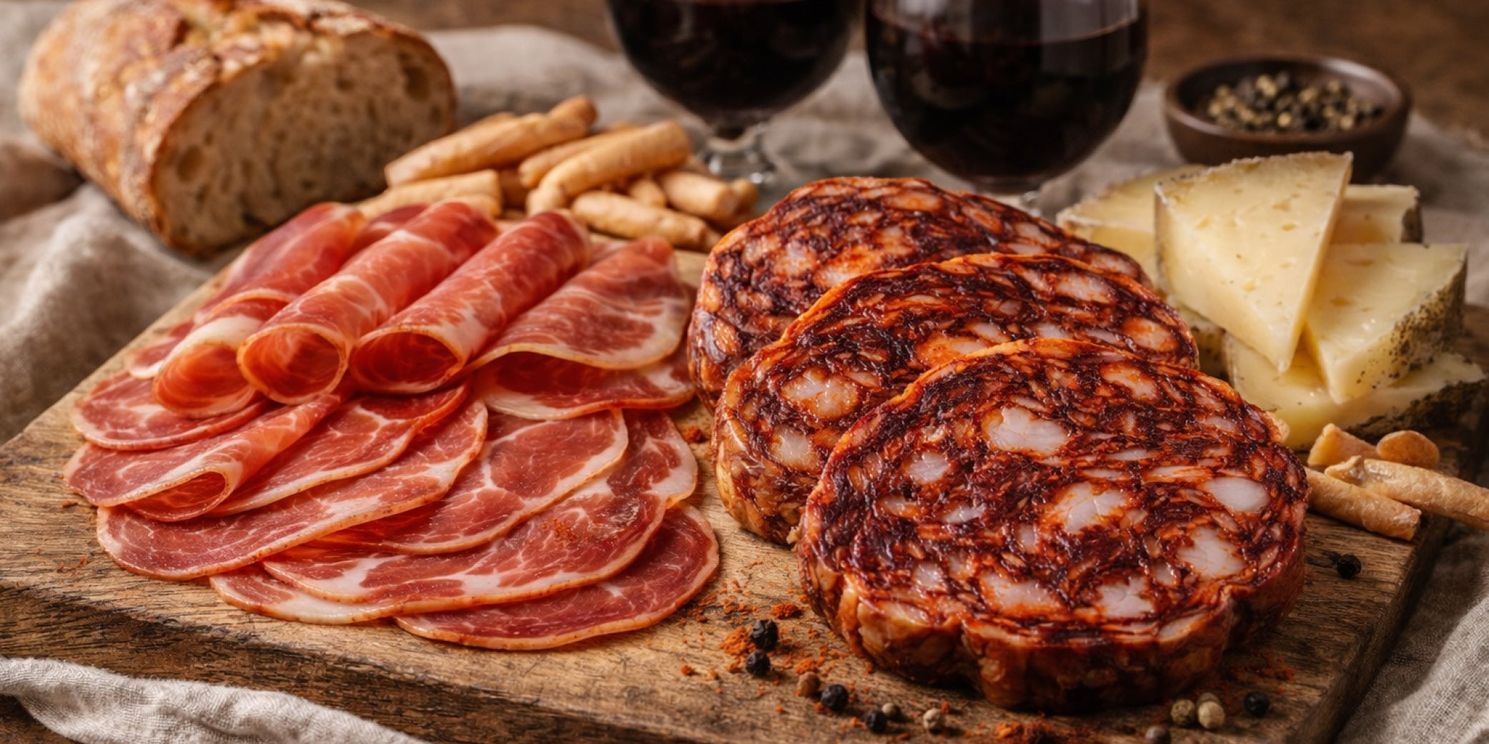 Tabla ib&eacute;rica gourmet con morc&oacute;n ib&eacute;rico y lomo embuchado acompa&ntilde;ados de pan r&uacute;stico, queso curado, picos y vino tinto, mostrando una presentaci&oacute;n premium y equilibrada.
