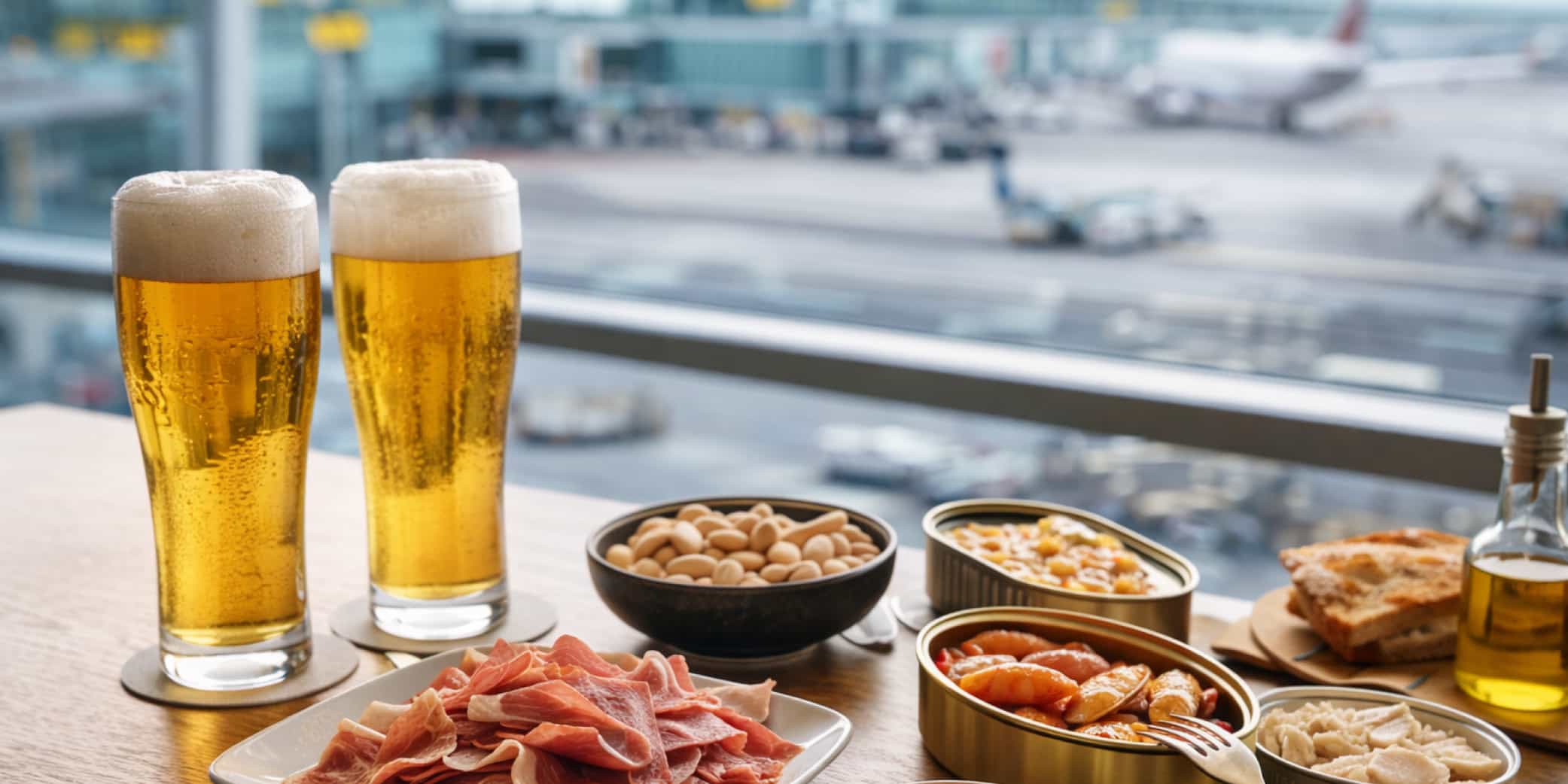 Mesa alta en aeropuerto con cervezas fr&iacute;as y aperitivos gourmet: jam&oacute;n loncheado, almendras y conservas premium, estilo editorial y ambiente de viaje.