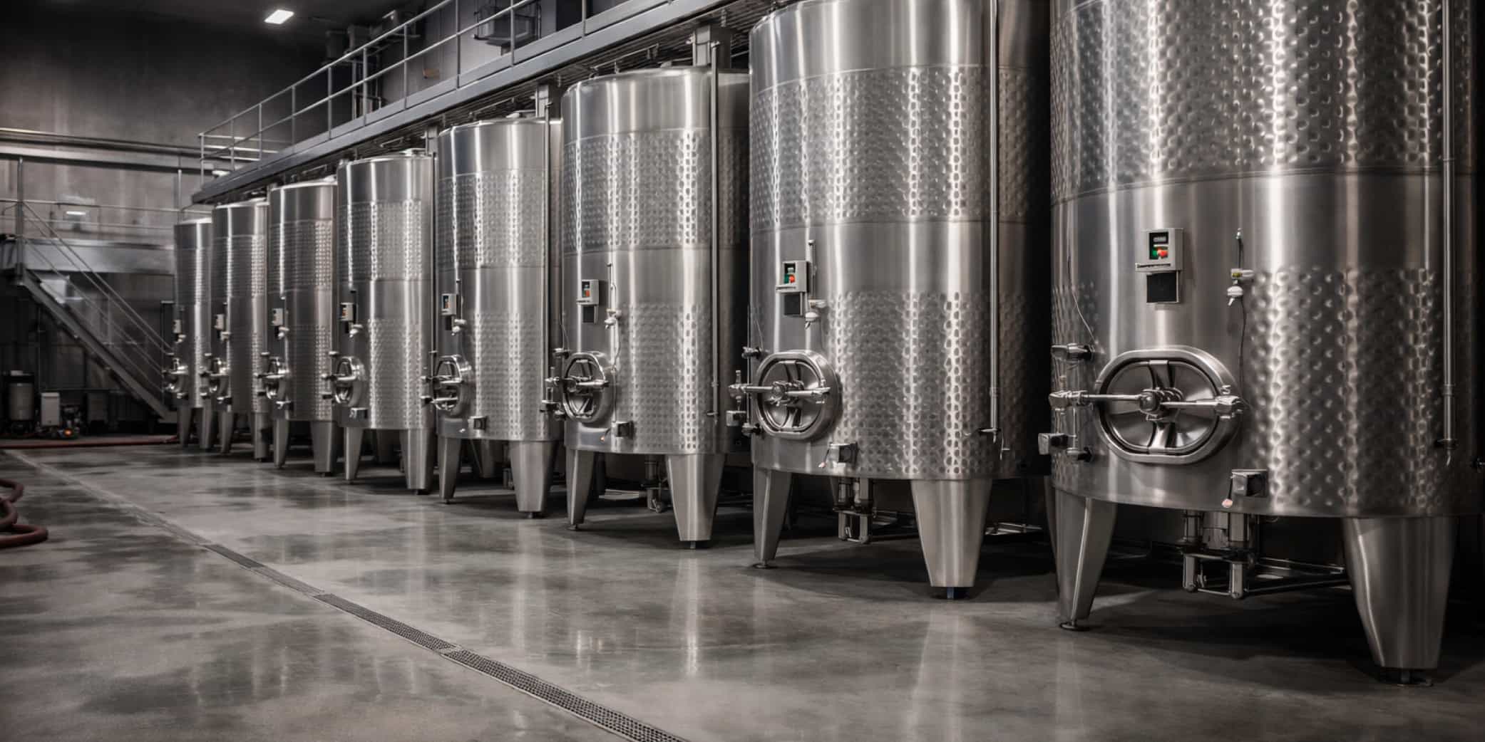 Bodega Moderna con Depósitos de Acero – Elaboración en Rías Baixas Interior de bodega moderna con depósitos de acero inoxidable para fermentación enológica, representando la elaboración profesional del vino en la DOP Rías Baixas, Galicia.