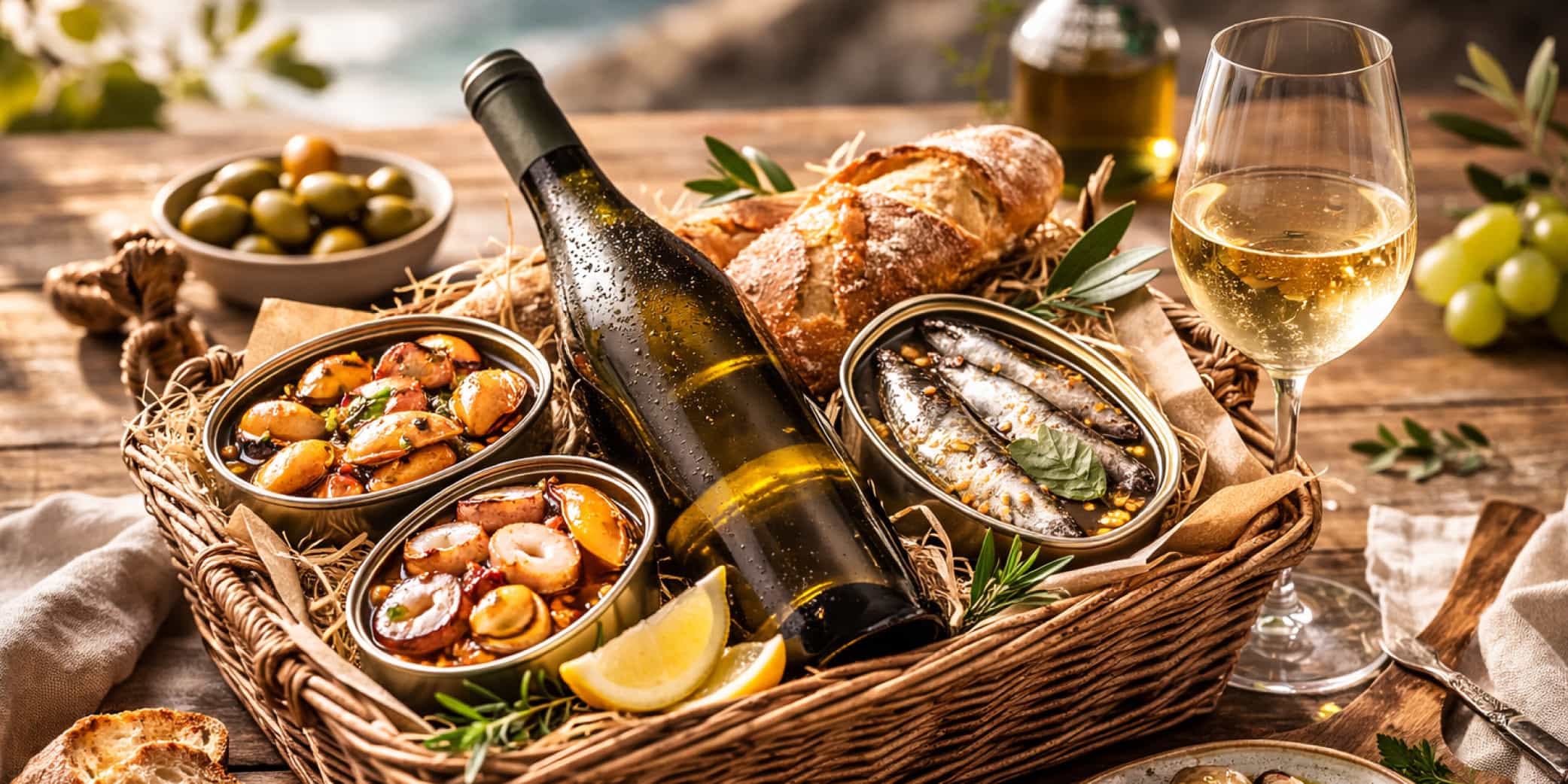 Cesta Atlántica Gourmet con Albariño y Conservas – Experiencia Rías Baixas Cesta atlántica gourmet con botella de Albariño sin etiqueta, conservas gallegas abiertas, pan artesanal y copa de vino servida, representando una experiencia delicatessen inspirada en la gastronomía de Rías Baixas.