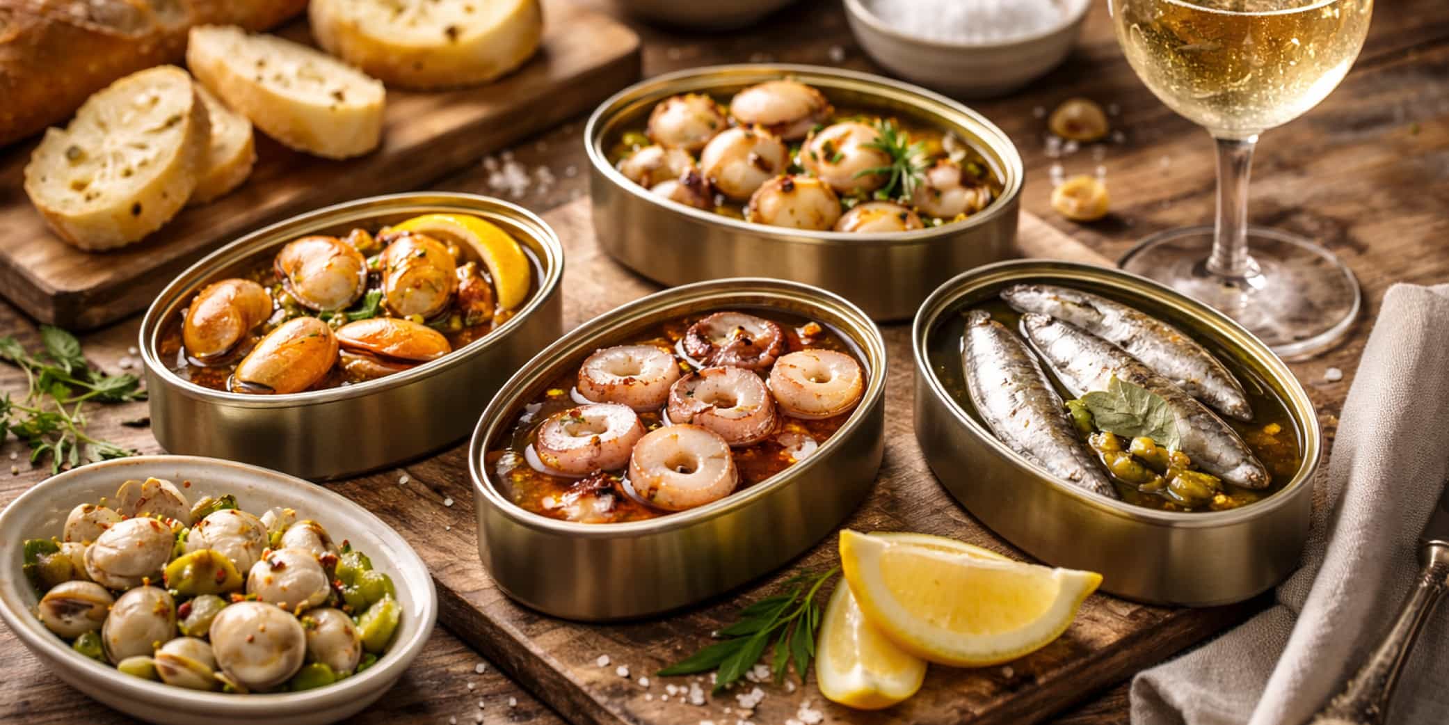 Maridaje Gourmet: Conservas Gallegas y Albariño – El Paladar Mesa de aperitivo estilo delicatessen con conservas gallegas abiertas, pan crujiente y copa de vino blanco Albariño, representando un maridaje gourmet inspirado en la gastronomía de Rías Baixas.