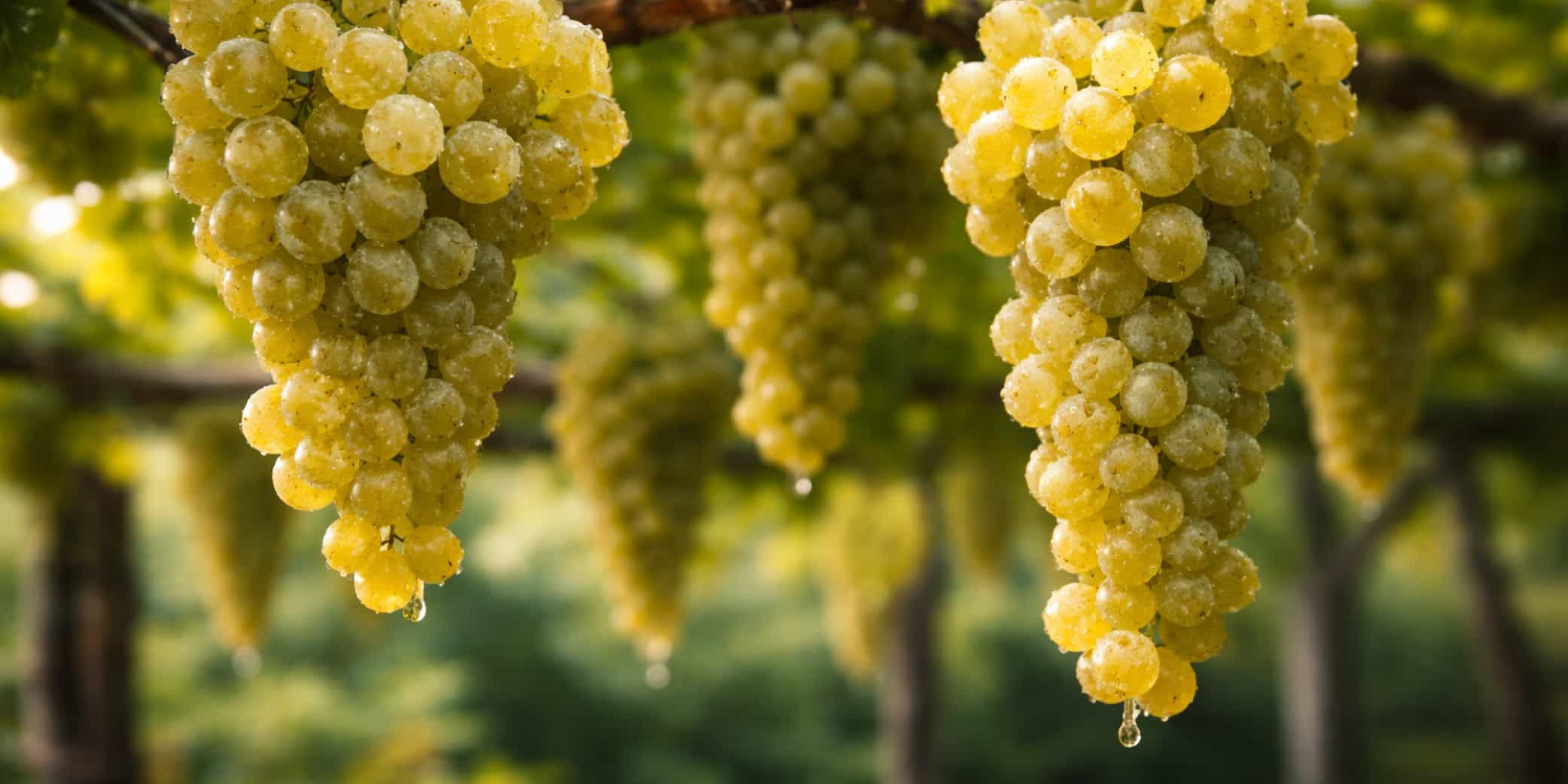 Racimos de uva Albari&ntilde;o con gotas de roc&iacute;o en vi&ntilde;a tradicional en parra, representando el clima atl&aacute;ntico h&uacute;medo de la DOP R&iacute;as Baixas en Galicia.