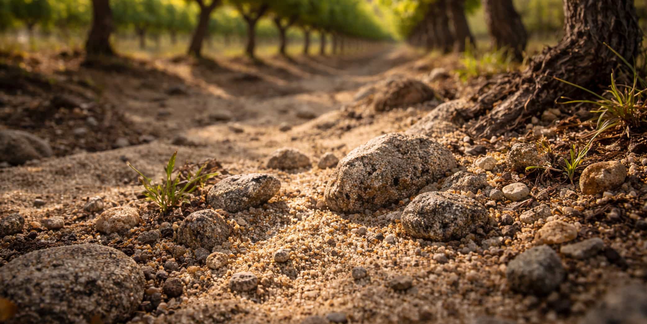 Suelo Granítico en Viñedo de Rías Baixas (Galicia) Primer plano de suelo granítico y arenoso en un viñedo de la DOP Rías Baixas, Galicia, con cepas al fondo desenfocadas que reflejan el carácter mineral del terroir atlántico.