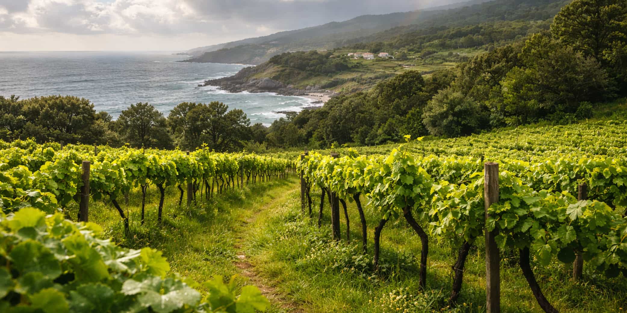 Viñedo en la Costa Gallega – Clima Atlántico Rías Baixas Viñedo en la costa gallega con cielo cambiante y vegetación verde intensa, representando el clima atlántico húmedo de Rías Baixas.