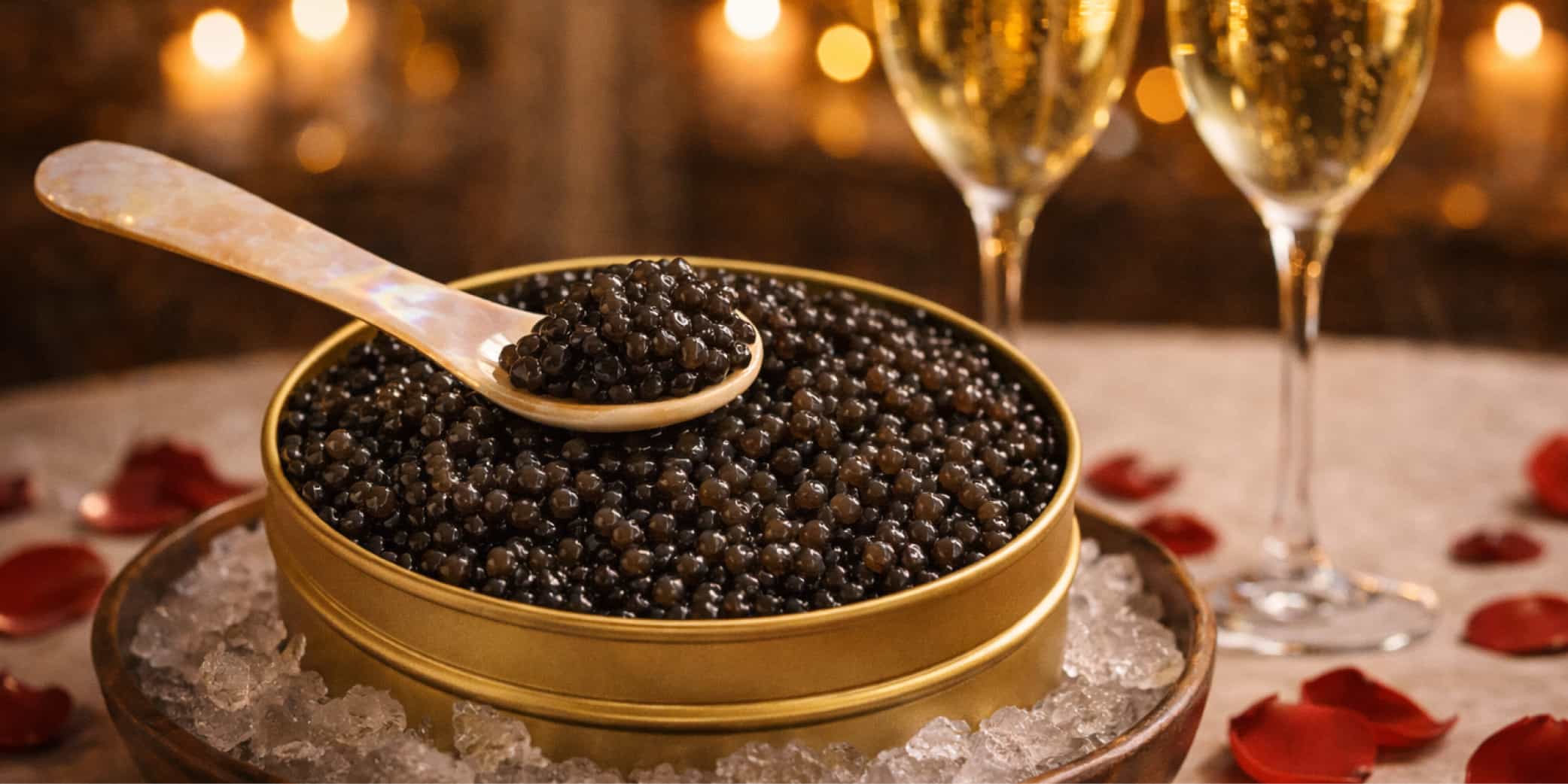 Caviar encima de hielo junto a dos copas de champagne