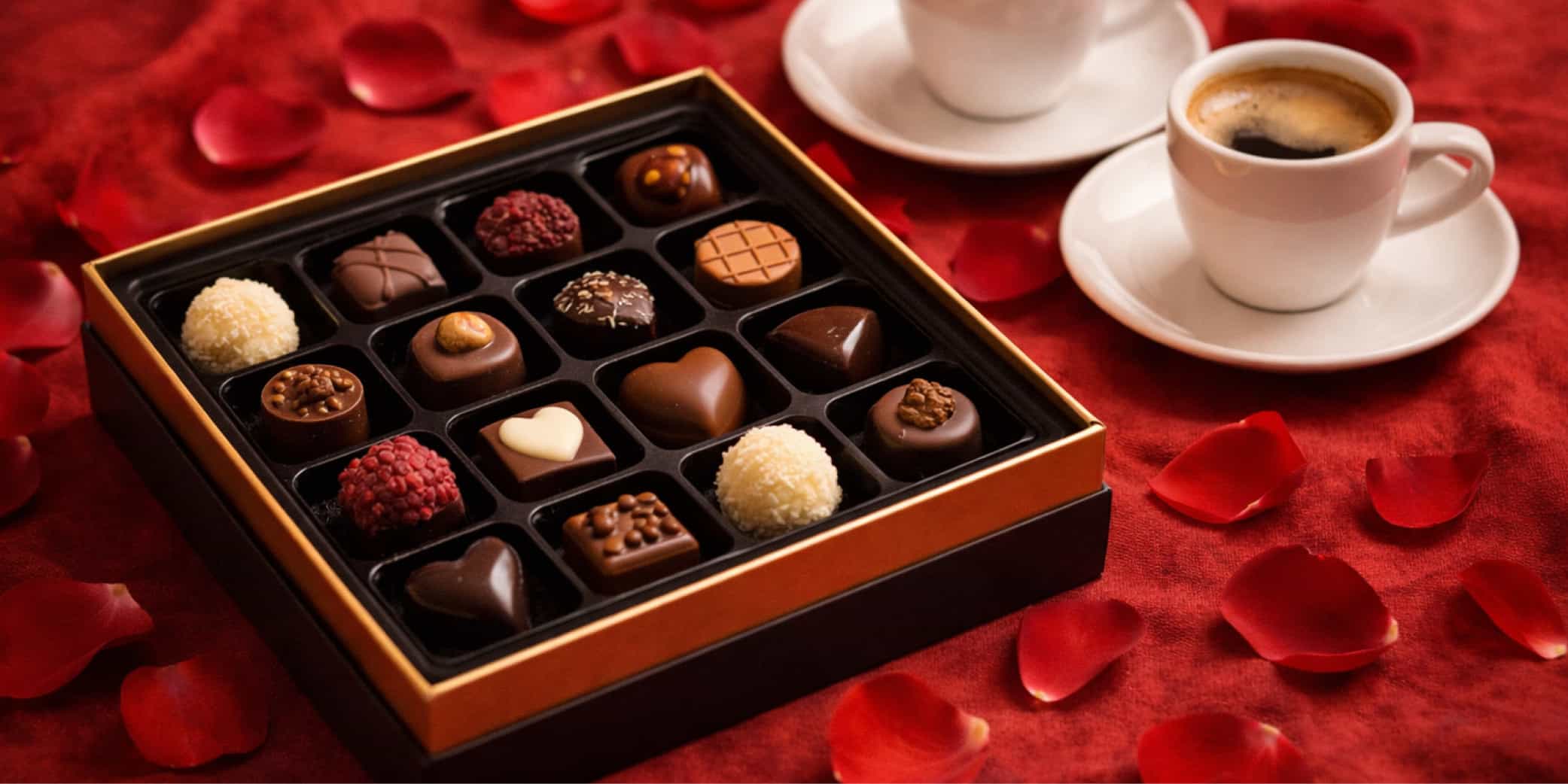 Mesa con una caja de bombones premium junto a dos tazas de caf&eacute;