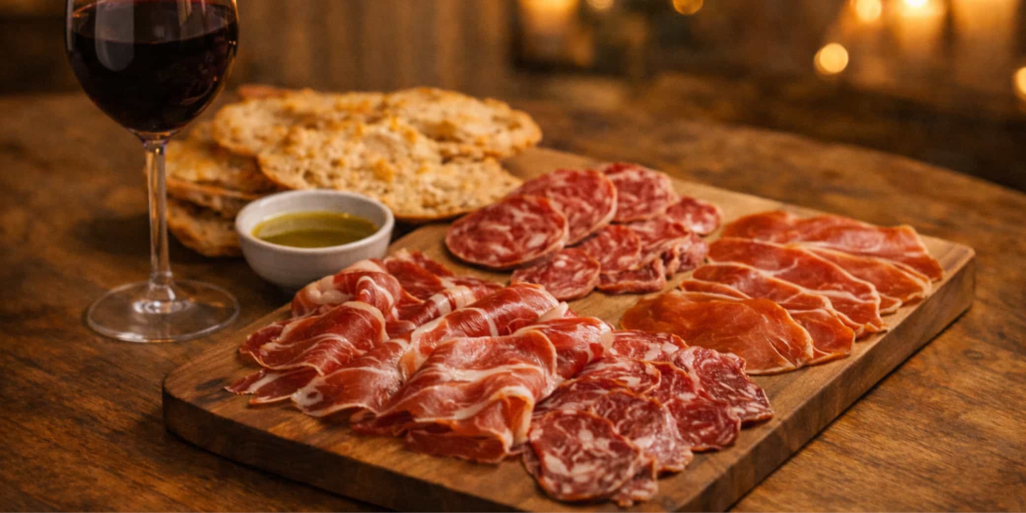 Mesa rom&aacute;ntica con una tabla de embutidos ib&eacute;ricos y una copa de vino