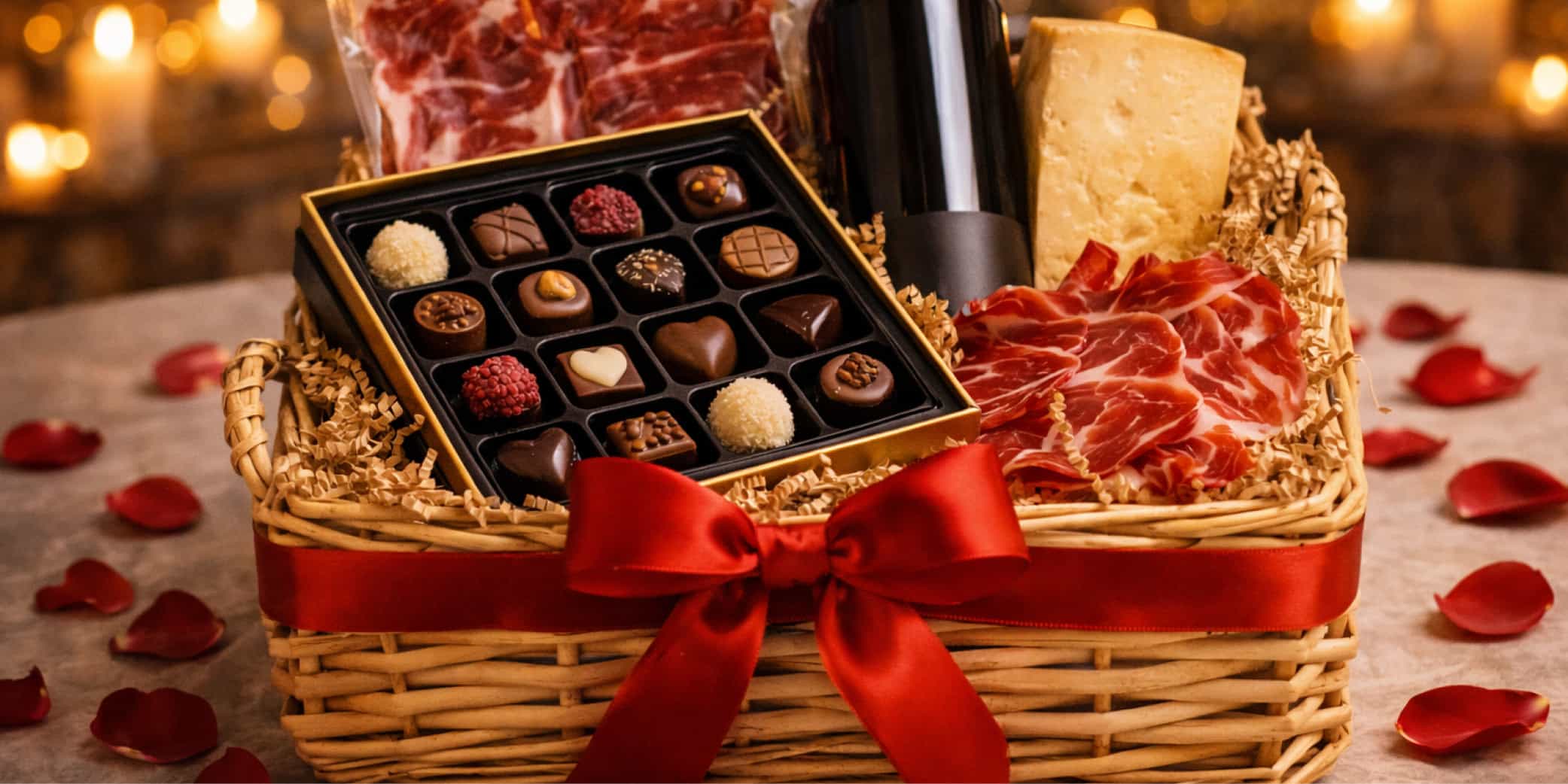 Cesta repleta de bombones y delicias gourmet por San Valent&iacute;n