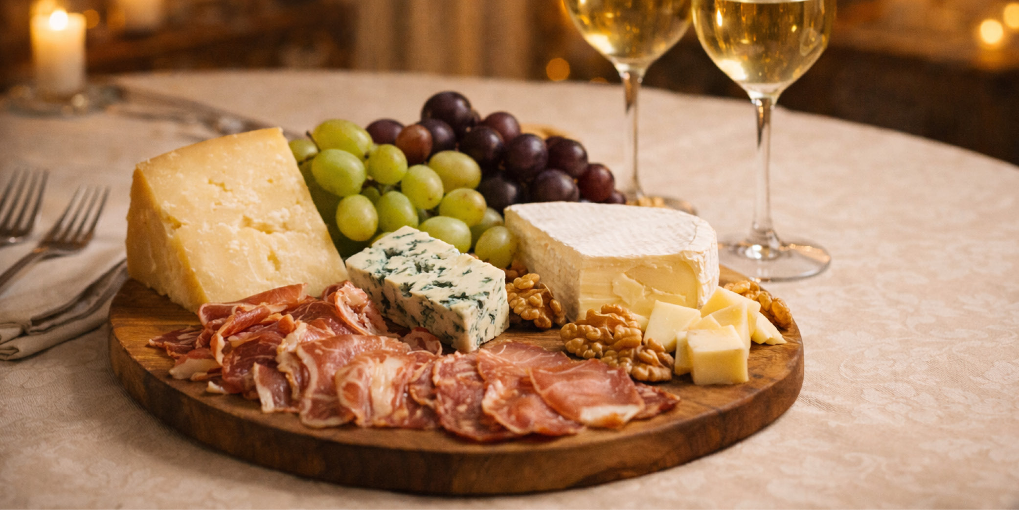 Tabla de quesos premium en una mesa a punto de compartir junto con dos copas de cava