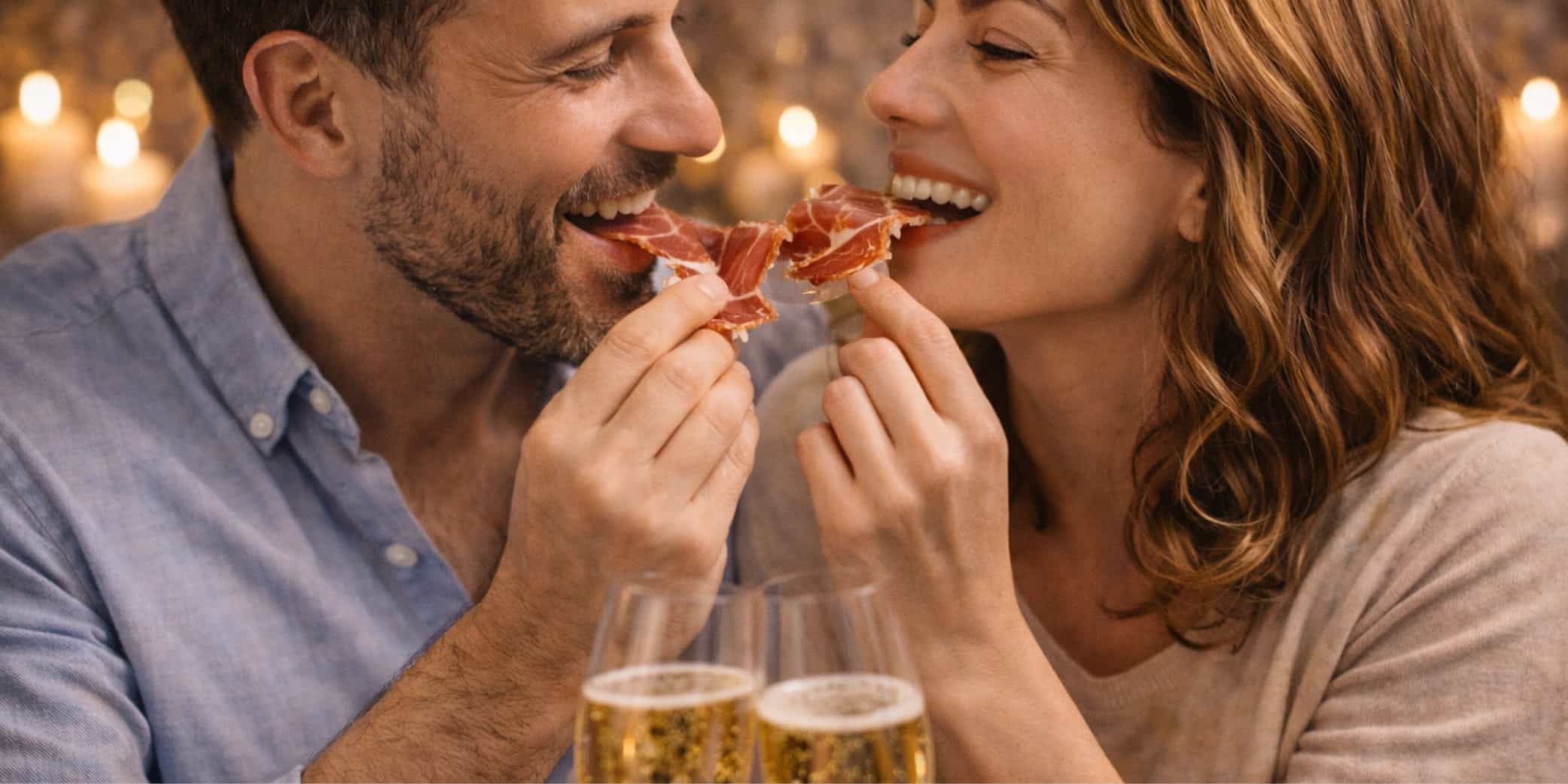 Una pareja de enamorados compartiendo jam&oacute;n ib&eacute;rico junto a dos copas de champagne