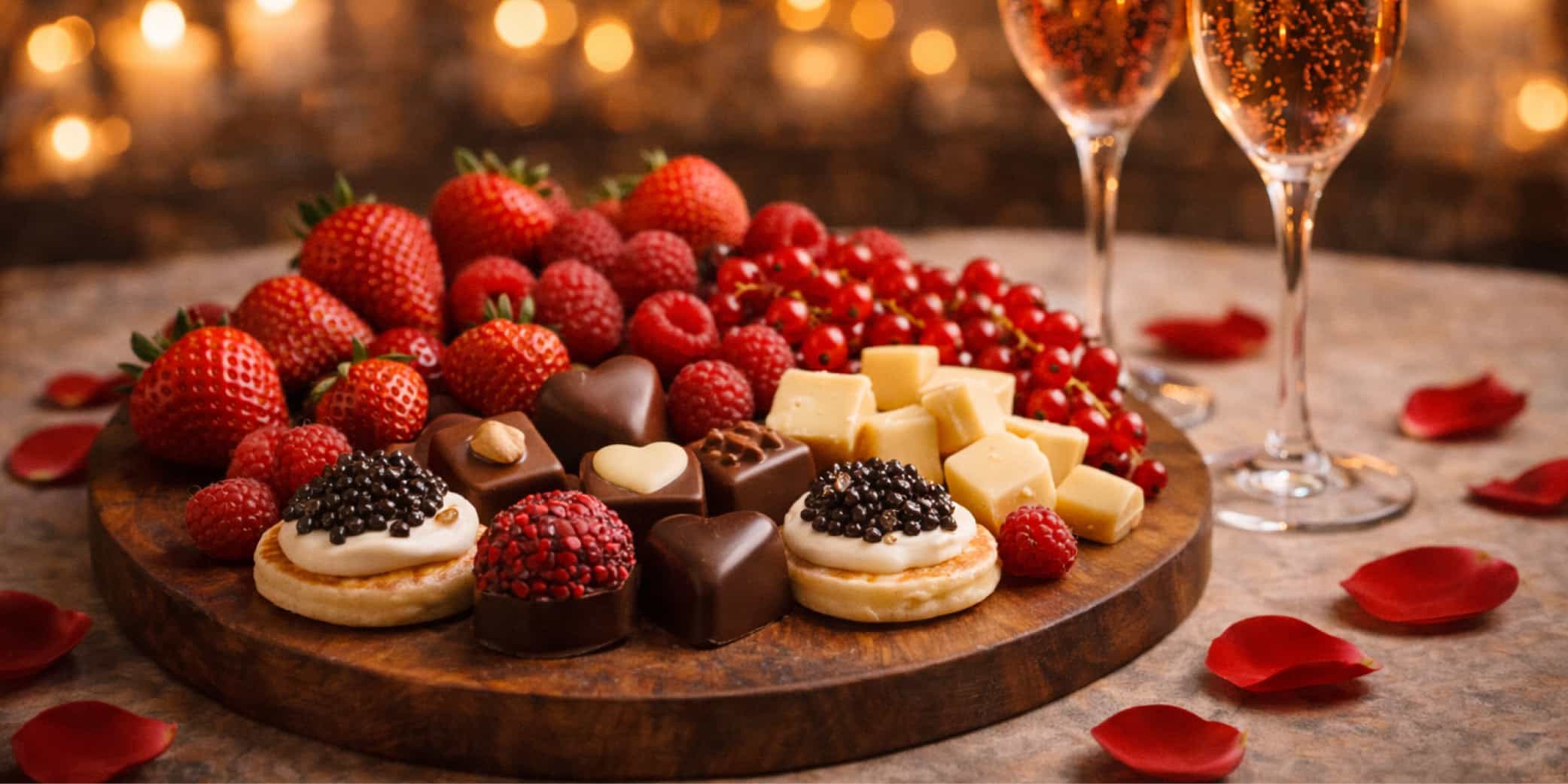 Tabla con ar&aacute;ndanos, moras, chocolate, caviar y champagne