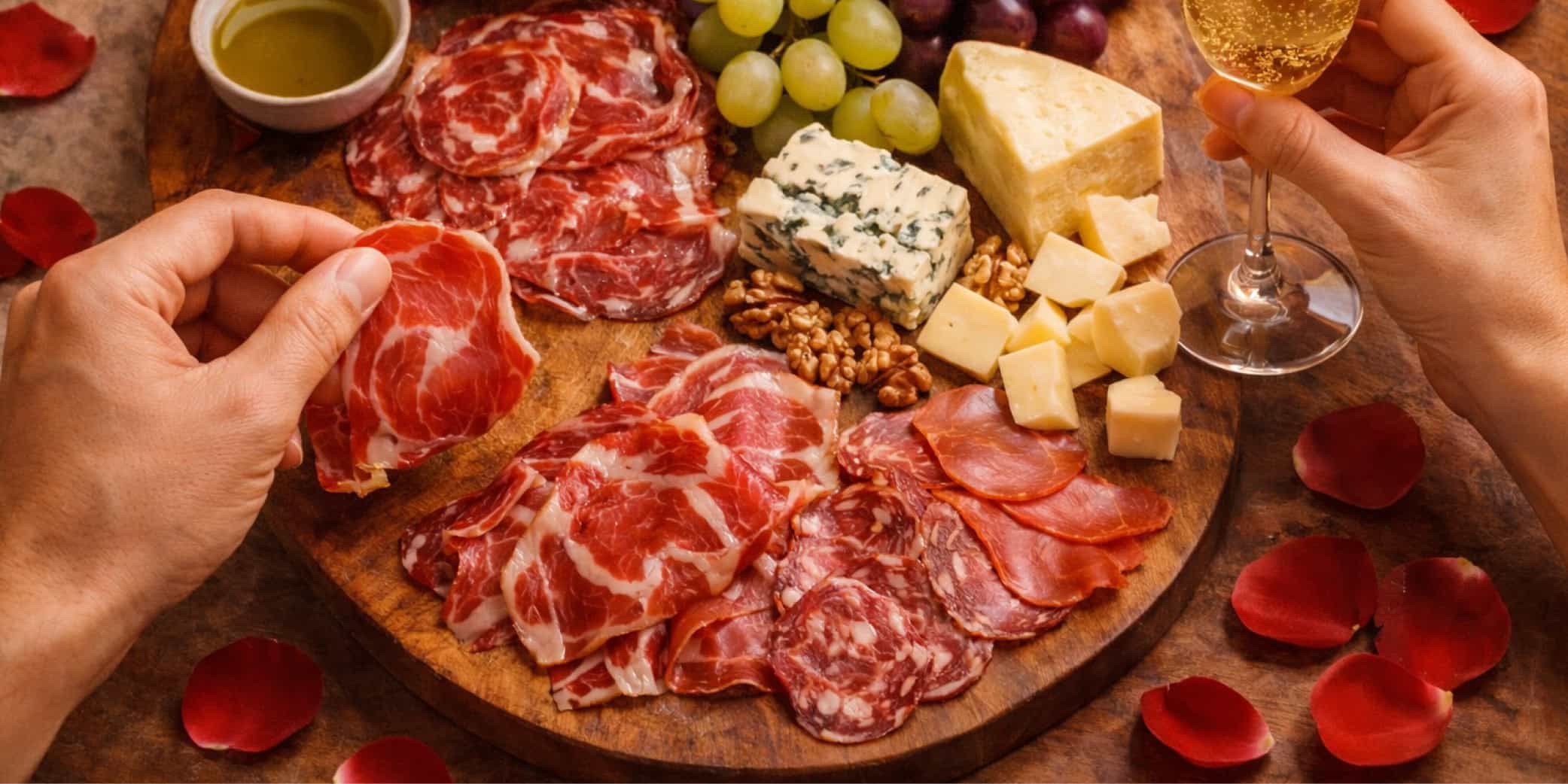 Una tabla mixta con ib&eacute;ricos,quesos, nueces y champagne