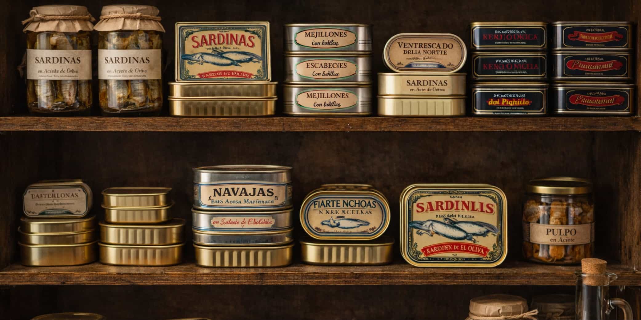 despensa gourmet con latas de conservas ordenadas y etiquetadas
