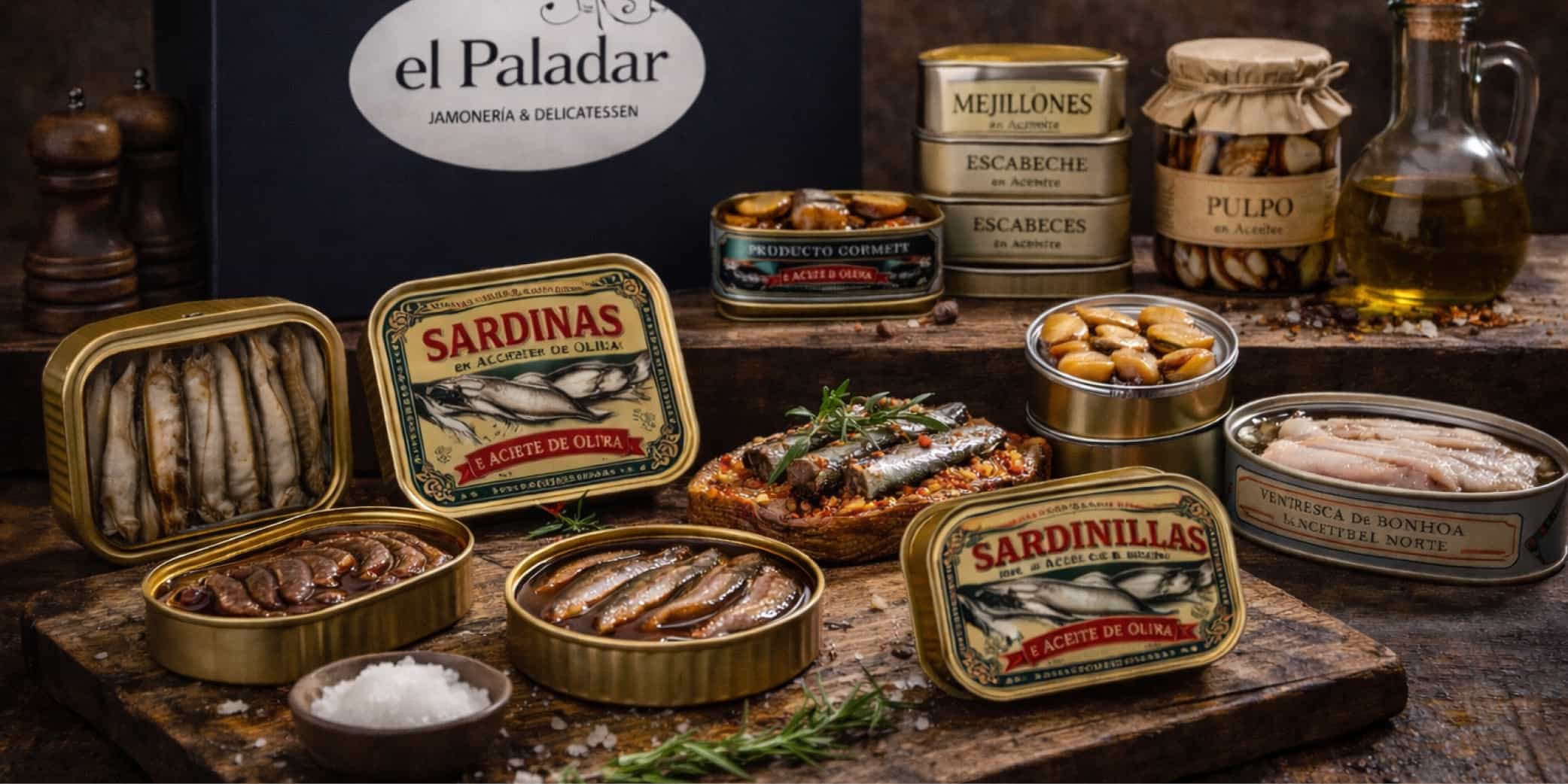 Exposici&oacute;n de conservas de sardinas en un mostrador