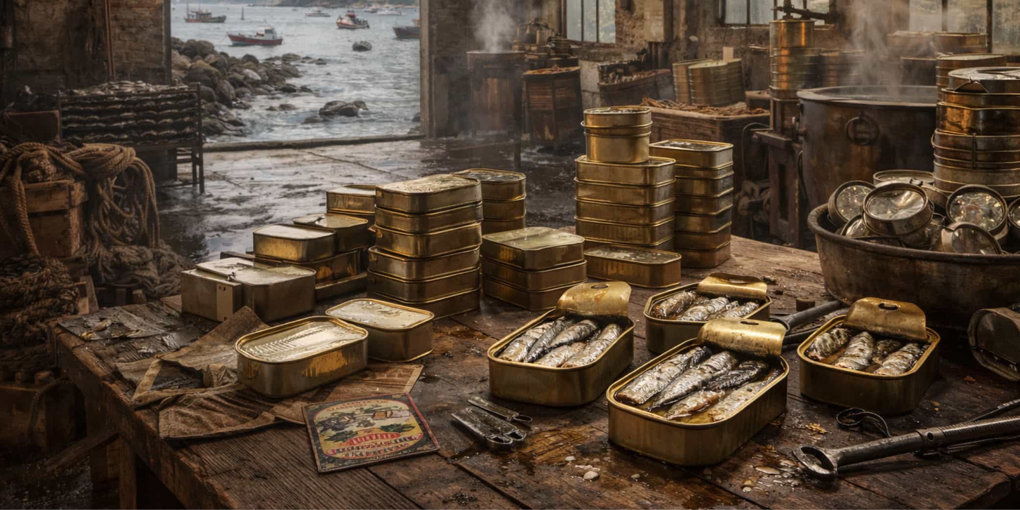 antigua f&aacute;brica de conservas en la costa cant&aacute;brica, con latas tradicionales y ambiente marinero