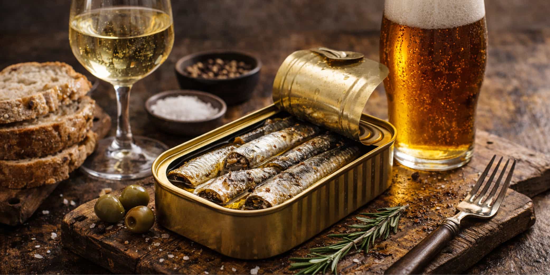 tabla de sardinas en conserva con vino blanco, cerveza artesana y pan r&uacute;stico