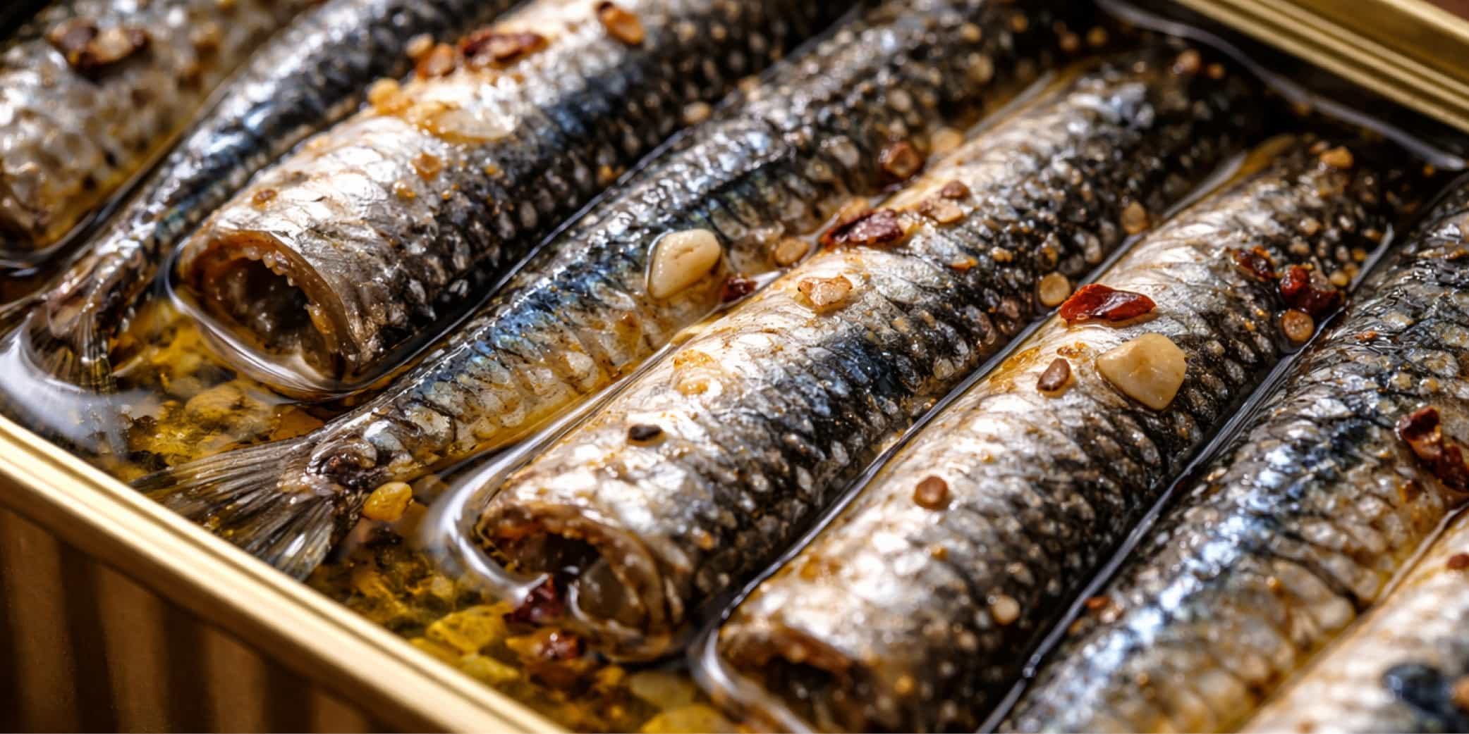 Sardinillas brillantes en aceite con detalle de textura,