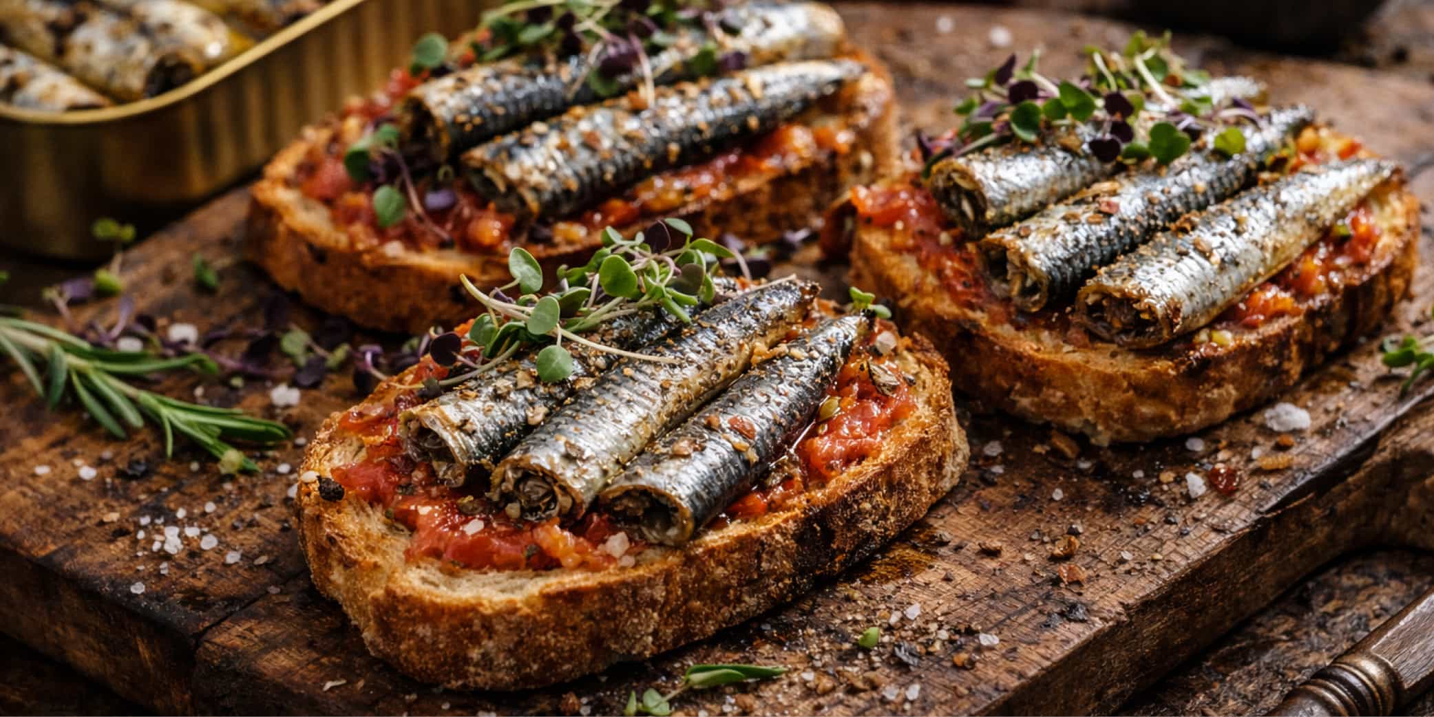 tostadas gourmet con sardinillas, tomate rallado y microbrotes