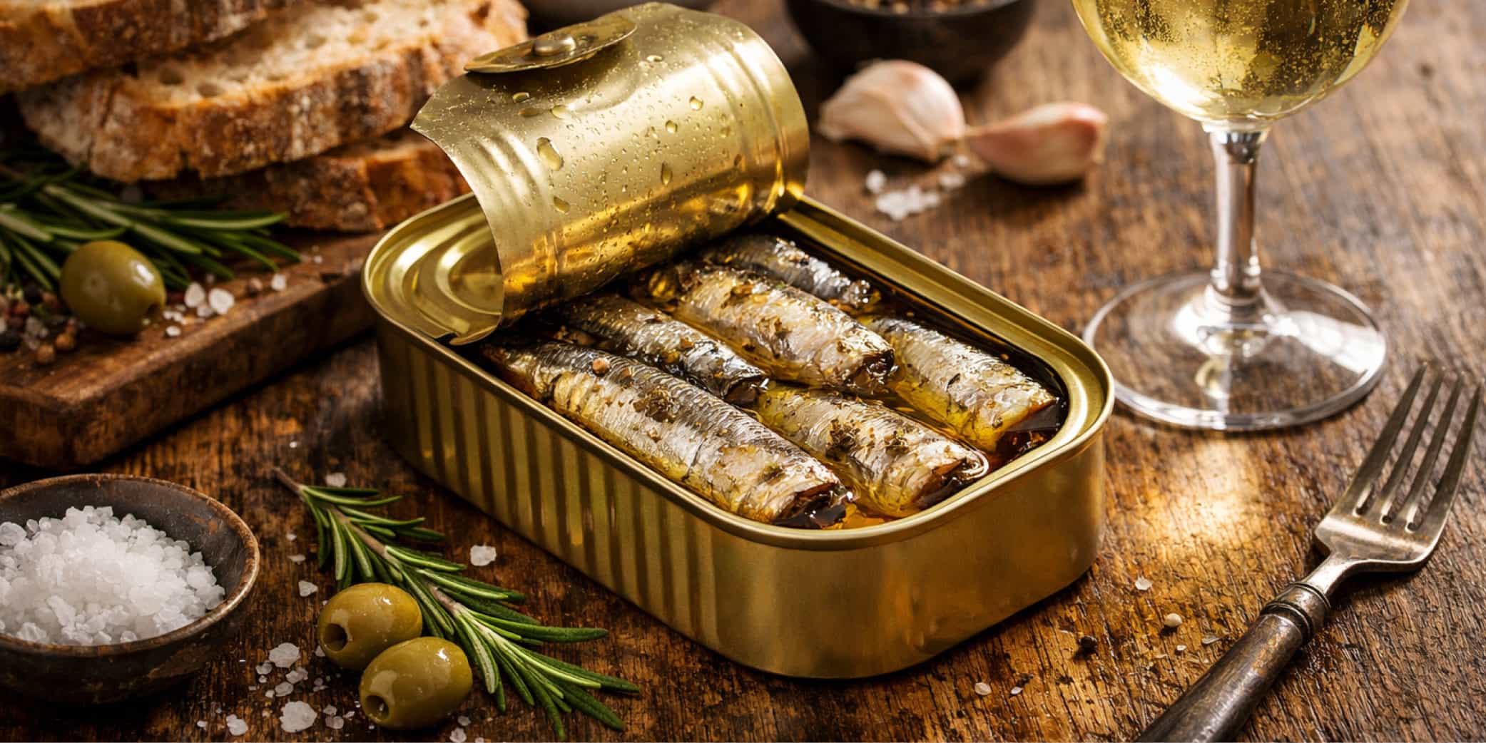 lata abierta de sardinas en aceite de oliva sobre mesa de madera, con pan r&uacute;stico y copa de vino blanco, estilo gourmet