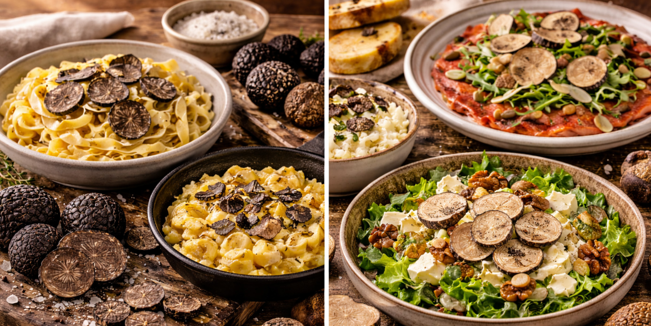 Cuándo usar trufa negra y trufa de verano en cocina Comparativa gastronómica que muestra cuándo usar trufa negra y cuándo usar trufa de verano en recetas. La trufa negra aparece en huevos, pasta cremosa y platos calientes para un aroma intenso y persistente. La trufa de verano se presenta en carpaccio y ensaladas templadas, aportando un perfume suave y elegante sin dominar el plato.