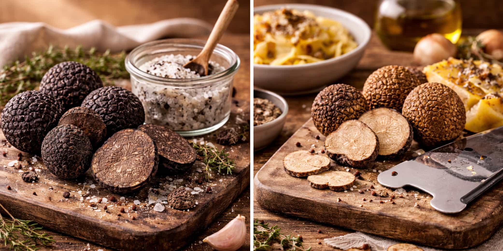 Intensidad de la trufa negra vs trufa de verano: diferencias en aroma y uso Comparativa visual entre trufa negra y trufa de verano destacando su intensidad aromática en cocina. La trufa negra ofrece un aroma más potente y persistente, ideal para dar un toque trufado intenso, mientras que la trufa de verano es más suave y equilibrada, perfecta para integrar en recetas sin dominar el plato.