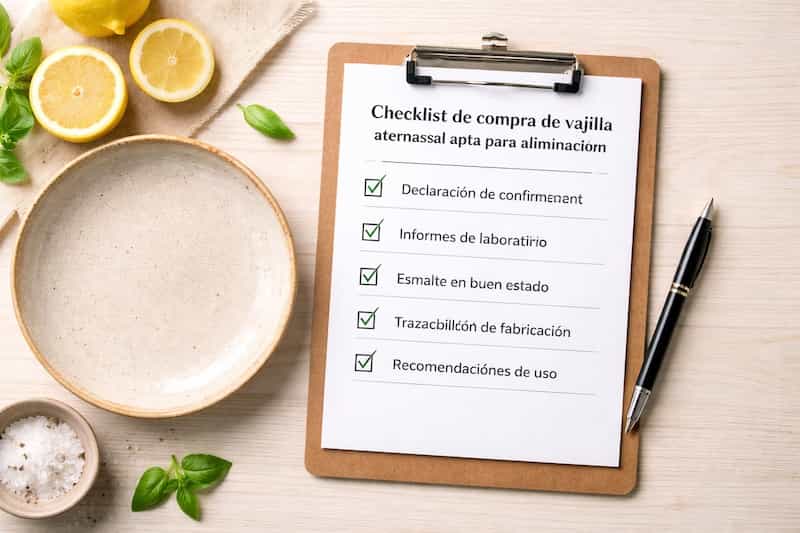 Vista cenital de una mesa de madera clara con un portapapeles que muestra una checklist de compra de vajilla apta para alimentaci&oacute;n, marcada con casillas verdes, acompa&ntilde;ada de un plato de cer&aacute;mica artesanal, limones cortados, hojas de albahaca y un bol&iacute;grafo negro, evocando la elecci&oacute;n cuidada de vajilla para restaurantes.