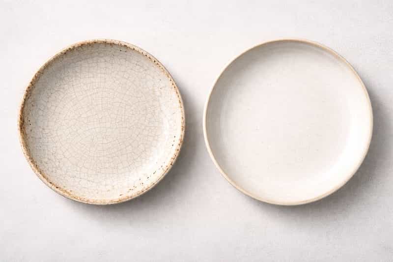 Dos platos de cer&aacute;mica artesanal colocados uno al lado del otro sobre un fondo gris claro; el plato de la izquierda muestra un esmalte craquelado y desgastado, mientras que el plato de la derecha tiene un esmalte uniforme y en perfecto estado, ilustrando la diferencia entre vajilla deteriorada y vajilla apta para uso alimentario.