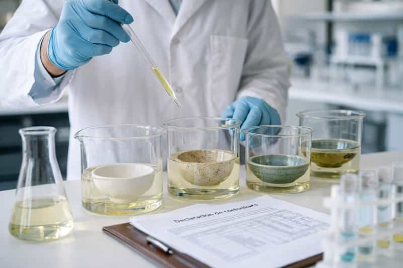 T&eacute;cnico de laboratorio con bata y guantes azules realizando un ensayo de migraci&oacute;n de plomo y cadmio sobre cuencos de cer&aacute;mica artesanal sumergidos en un l&iacute;quido simulante dentro de vasos de vidrio, en un laboratorio moderno y luminiso.